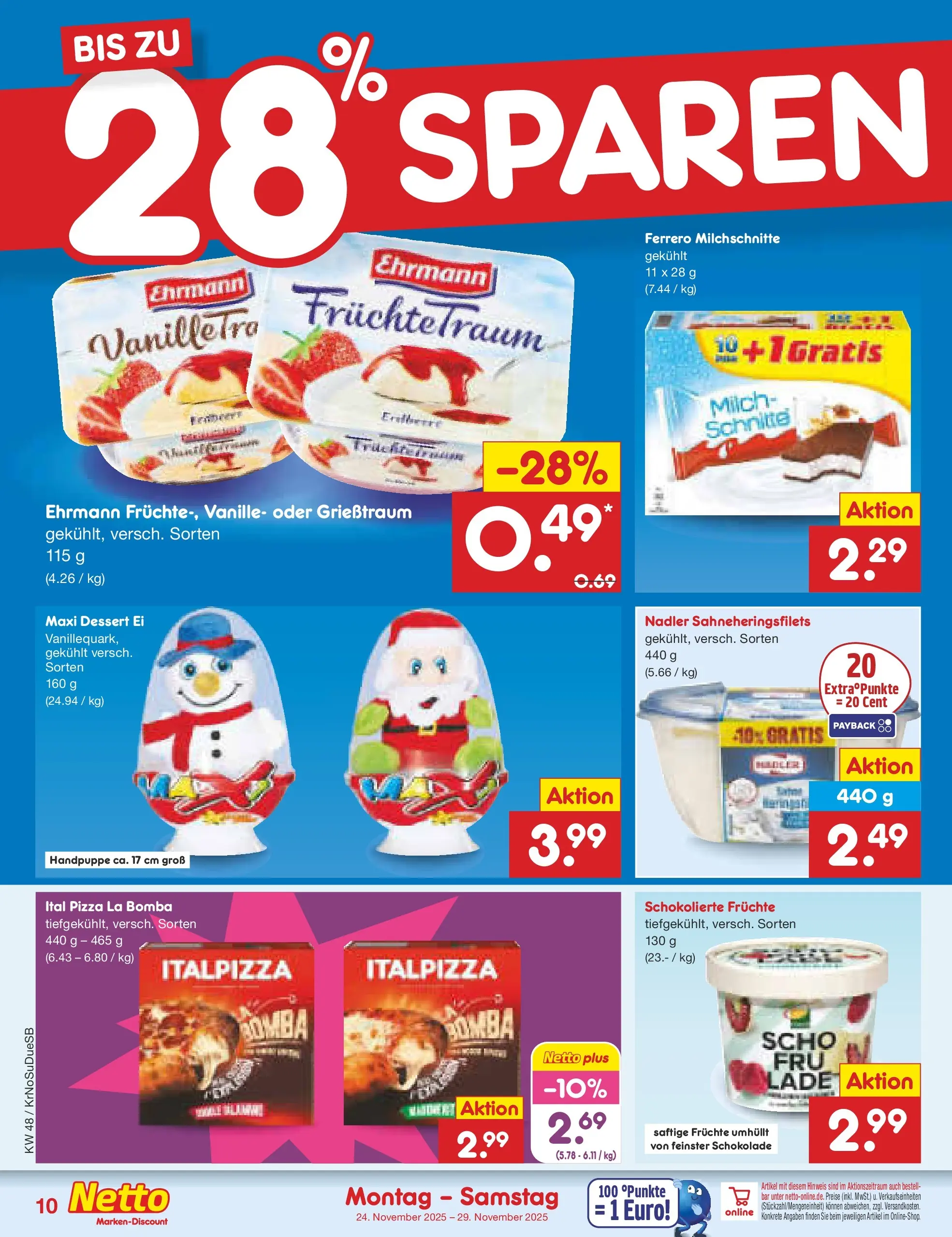 Netto Marken-Discount prospekt Duisburg	 (ab 24.11.2025) » Angebote | Seite: 10 | Produkte: Milch, Schokolade, Pizza, Ferrero milchschnitte