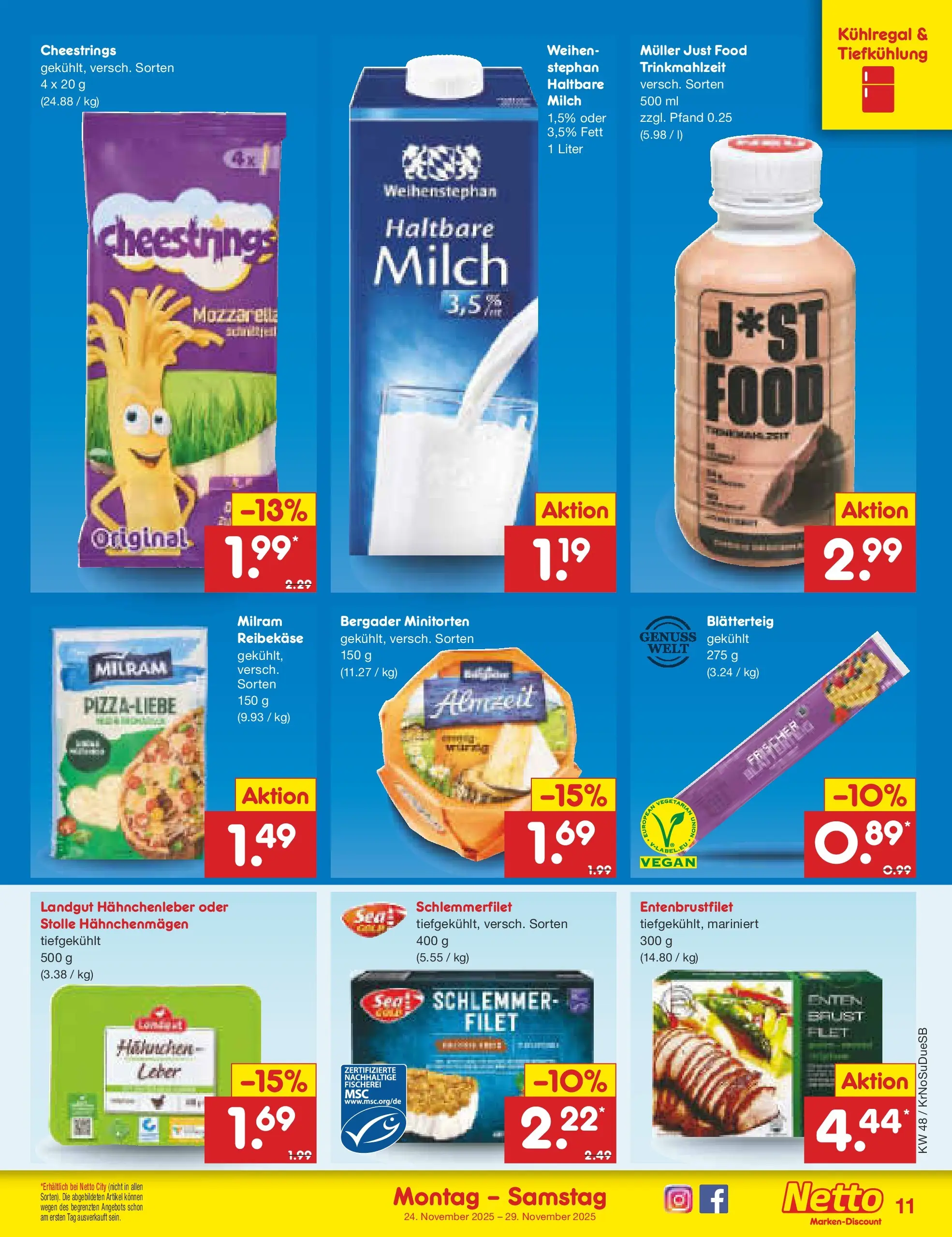 Netto Marken-Discount prospekt Duisburg	 (ab 24.11.2025) » Angebote | Seite: 11 | Produkte: Milch, Mozzarella, Haltbare milch, Reibekase