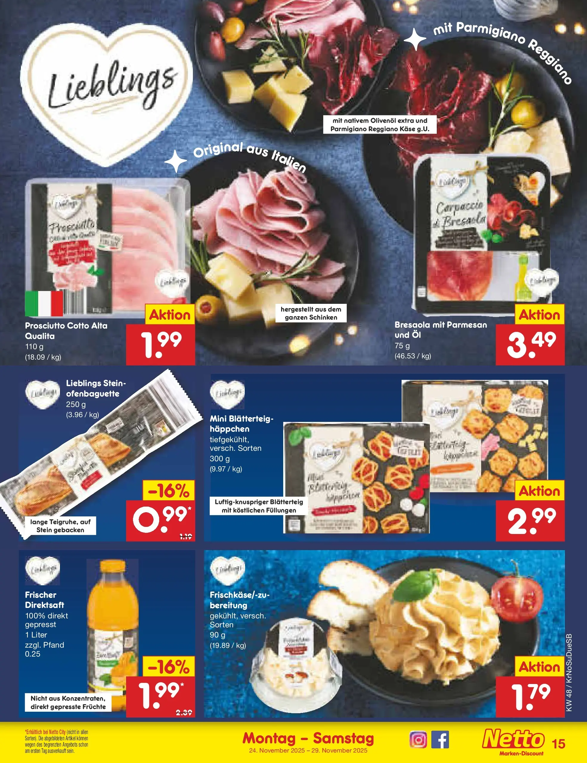 Netto Marken-Discount prospekt Duisburg	 (ab 24.11.2025) » Angebote | Seite: 15 | Produkte: Käse, Öl, Olivenol, Schinken