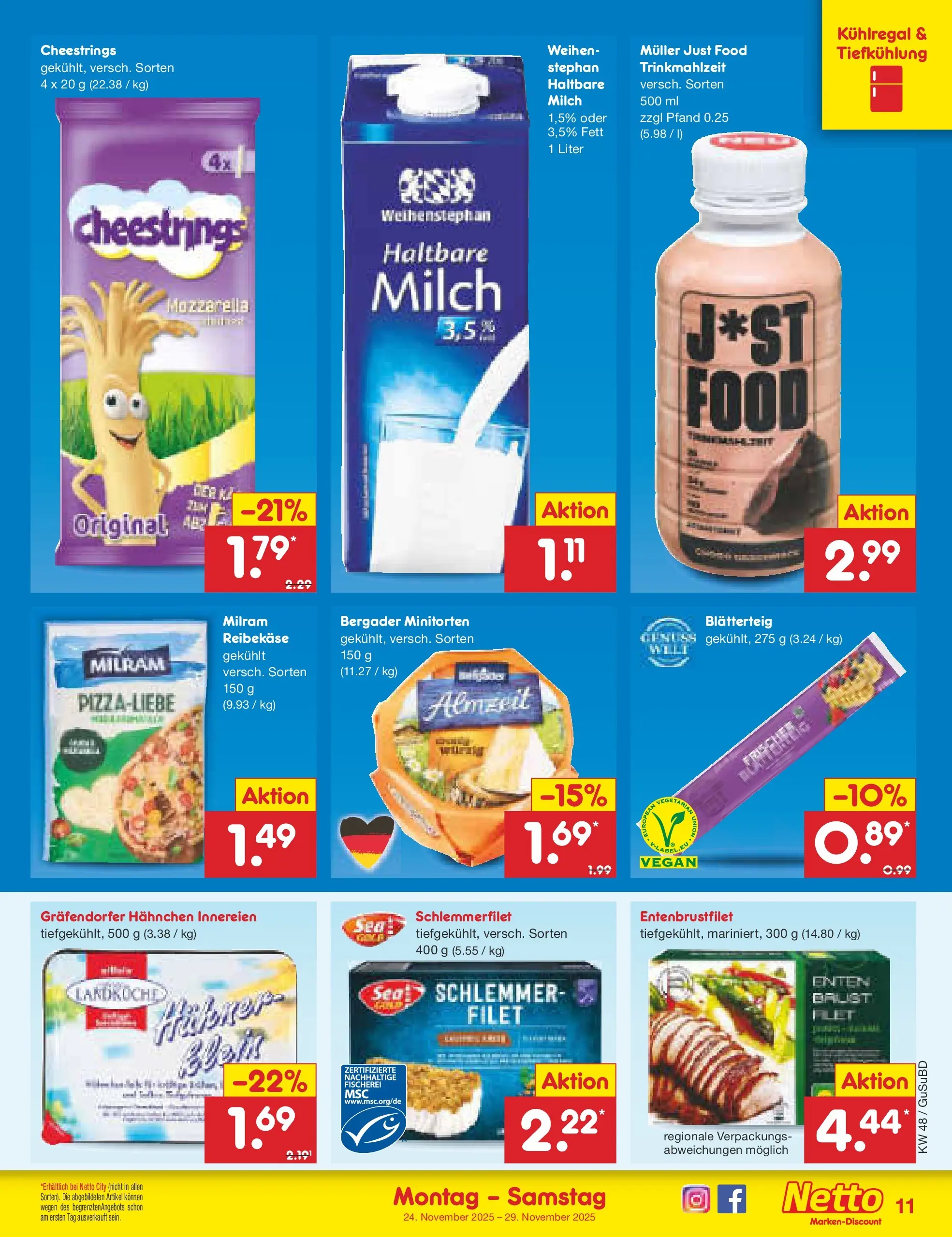 Netto Marken-Discount prospekt Glauchau	 (ab 24.11.2025) » Angebote | Seite: 11 | Produkte: Hahnchen, Milch, Mozzarella, Reibekase