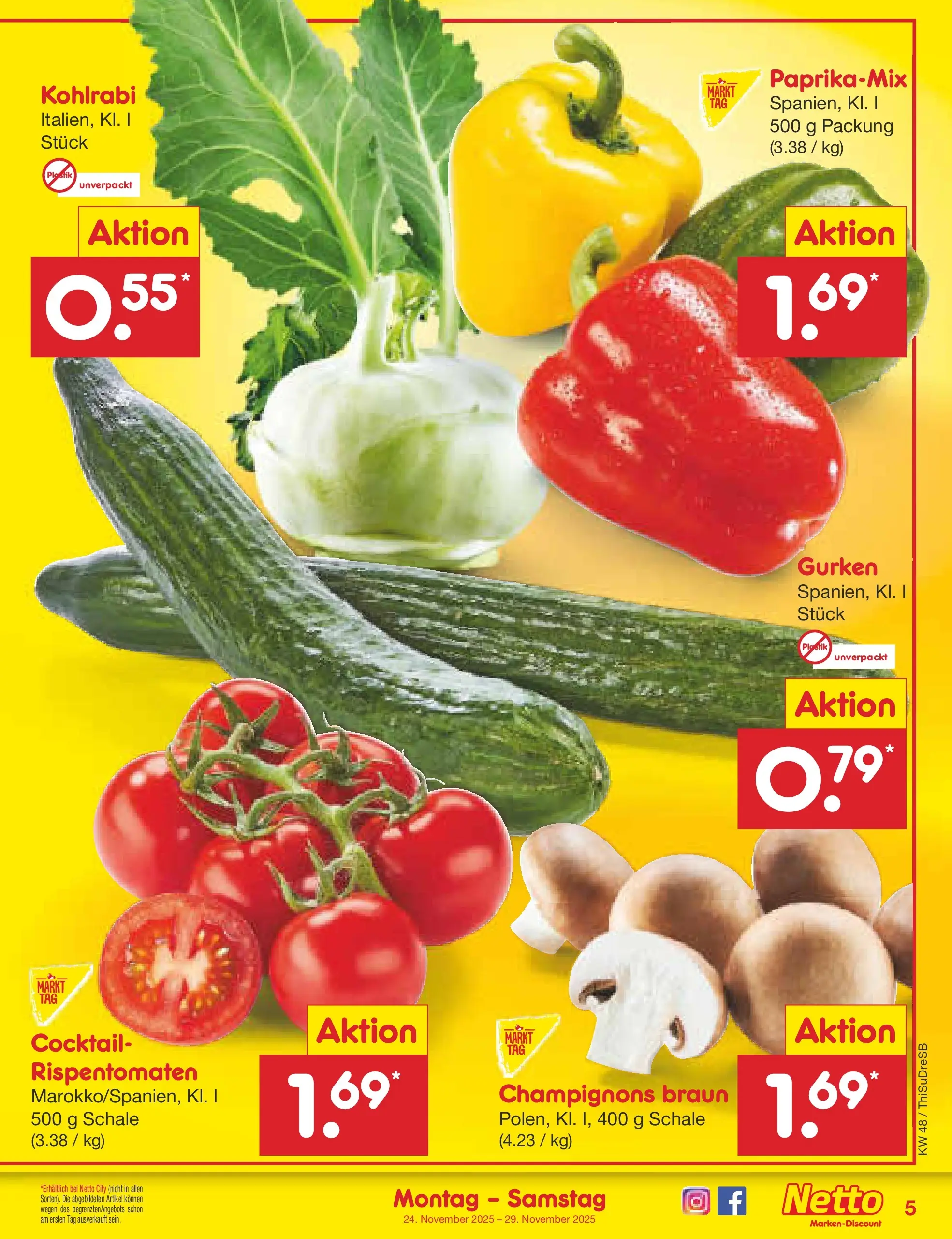 Netto Marken-Discount prospekt Pirna	 (ab 23.11.2025) » Angebote | Seite: 5 | Produkte: Kohlrabi, Champignons, Gurken