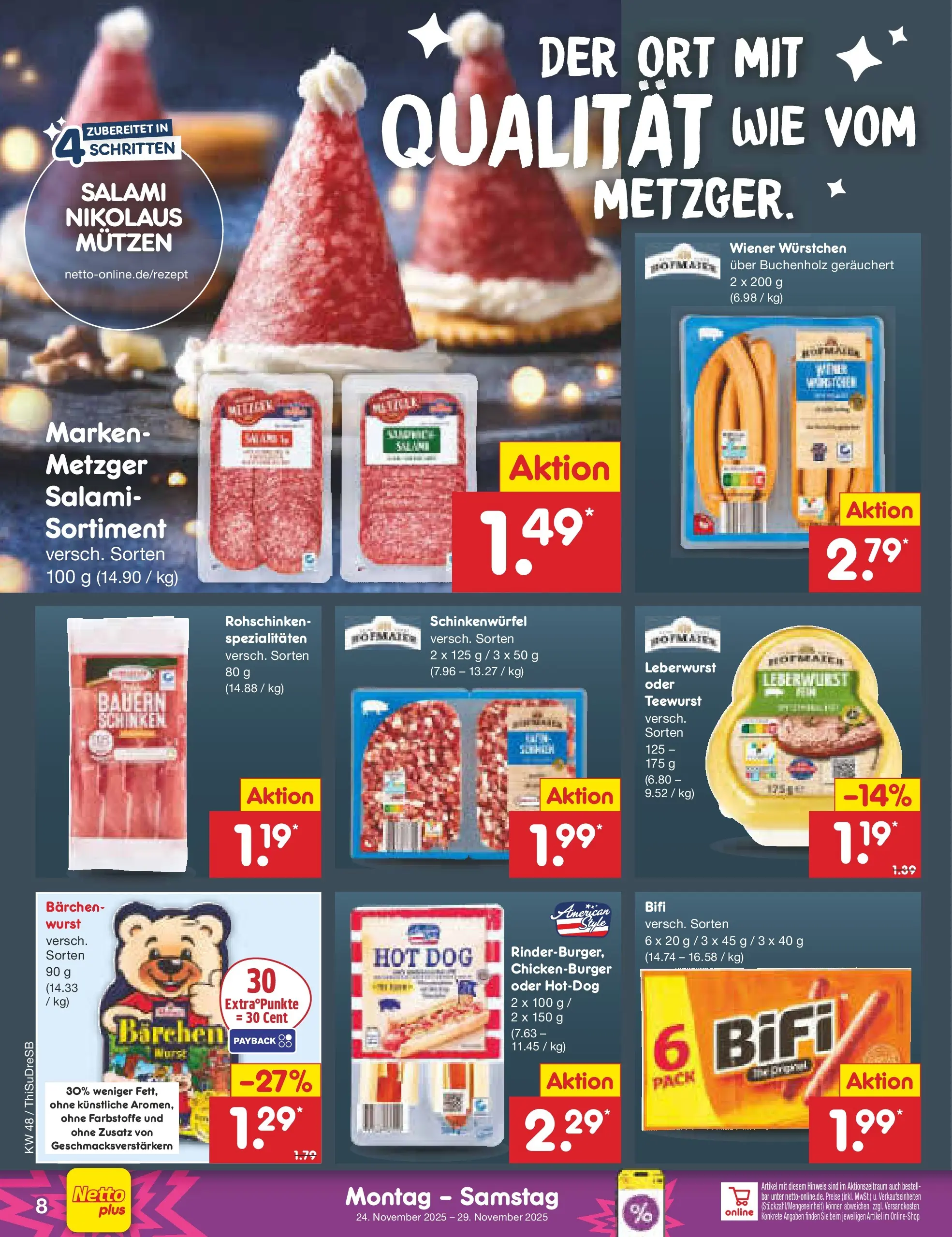 Netto Marken-Discount prospekt Pirna	 (ab 23.11.2025) » Angebote | Seite: 8 | Produkte: Wiener wurstchen, Bifi, Wurst, Salami