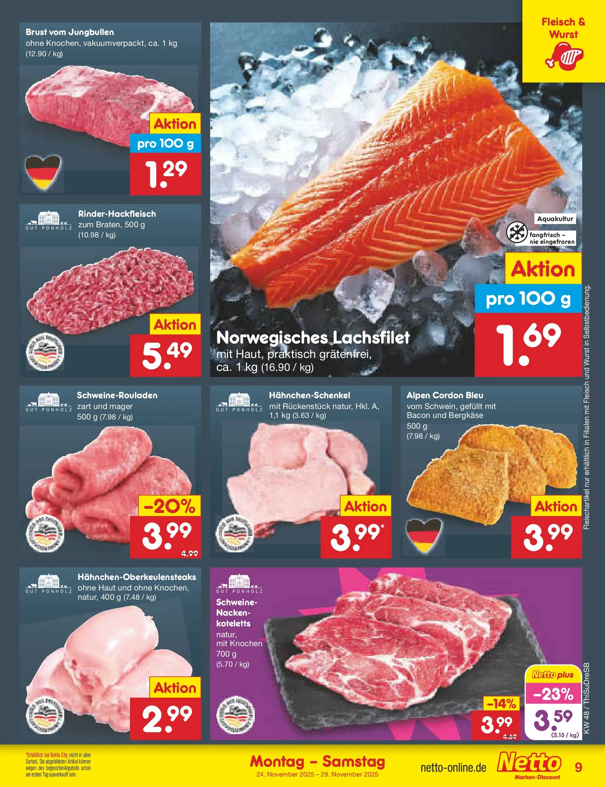 Netto Marken-Discount prospekt Pirna	 (ab 23.11.2025) » Angebote | Seite: 9 | Produkte: Hahnchenschenkel, Wurst, Fleisch