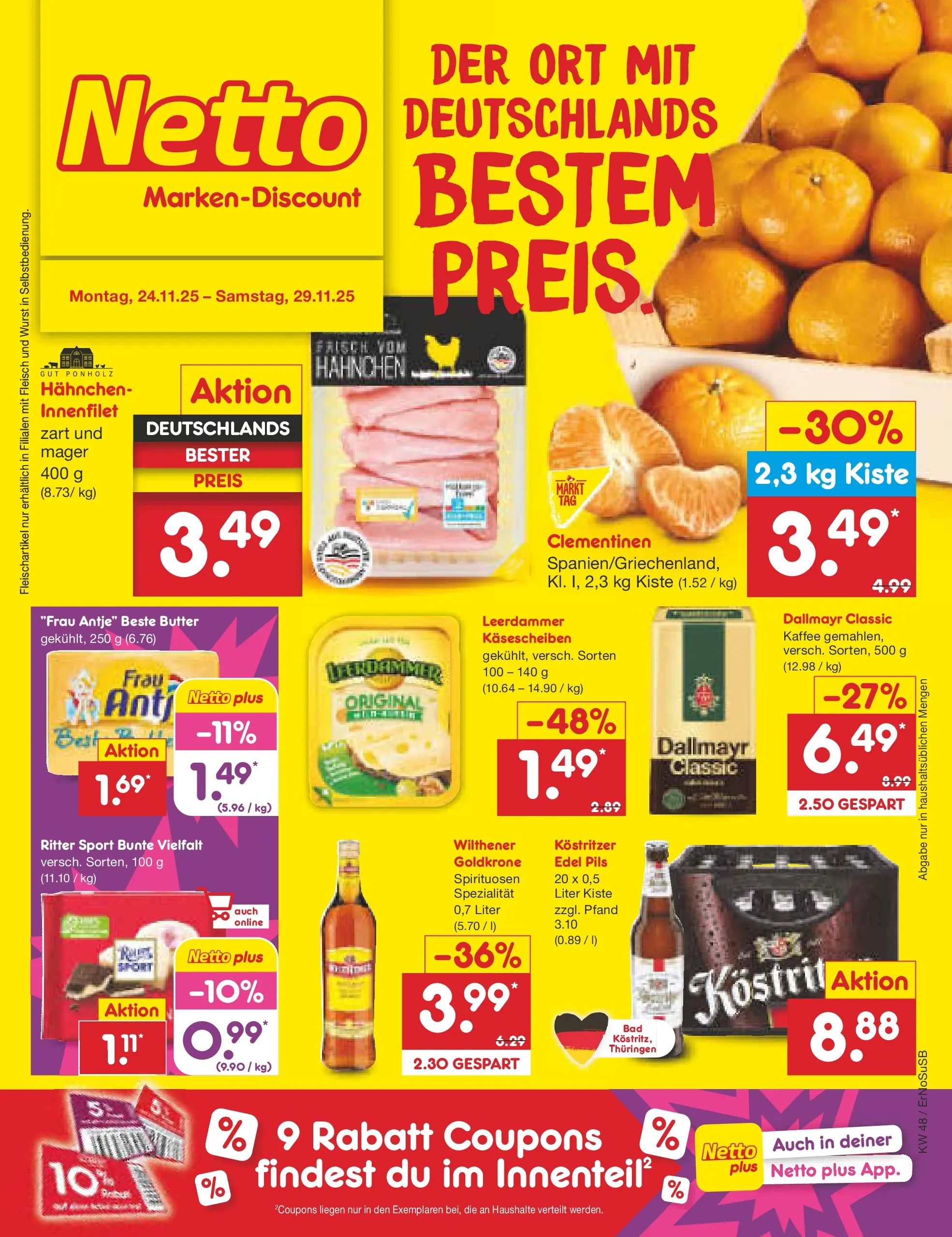 Netto Marken-Discount prospekt Erfurt	 (ab 23.11.2025) » Angebote | Seite: 1 | Produkte: Hahnchen, Pils, Leerdammer, Dallmayr