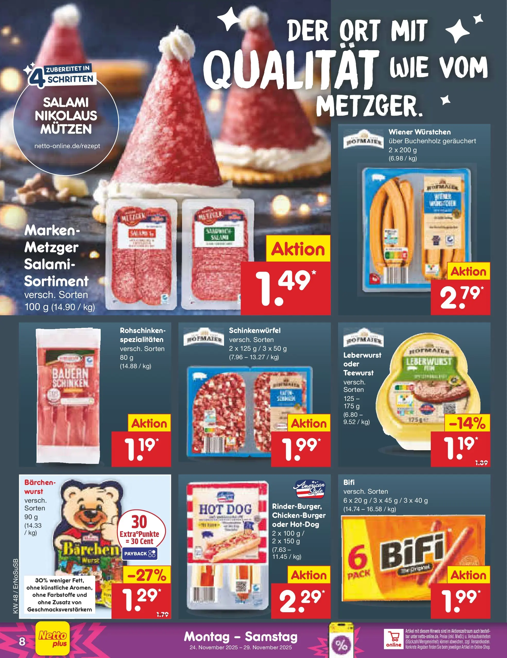 Netto Marken-Discount prospekt Erfurt	 (ab 23.11.2025) » Angebote | Seite: 8 | Produkte: Wiener wurstchen, Bifi, Wurst, Salami