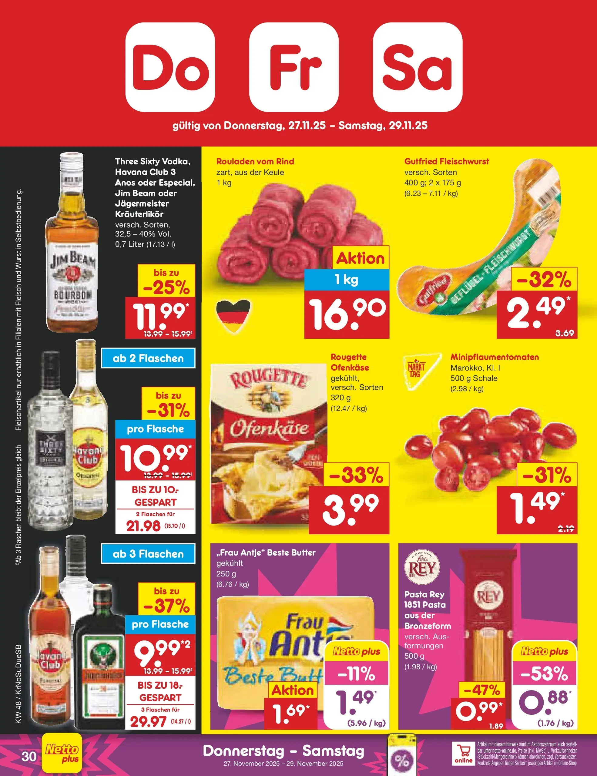 Netto Marken-Discount prospekt Duisburg	 (ab 24.11.2025) » Angebote | Seite: 36 | Produkte: Rougette ofenkase, Jägermeister, Pasta, Bourbon