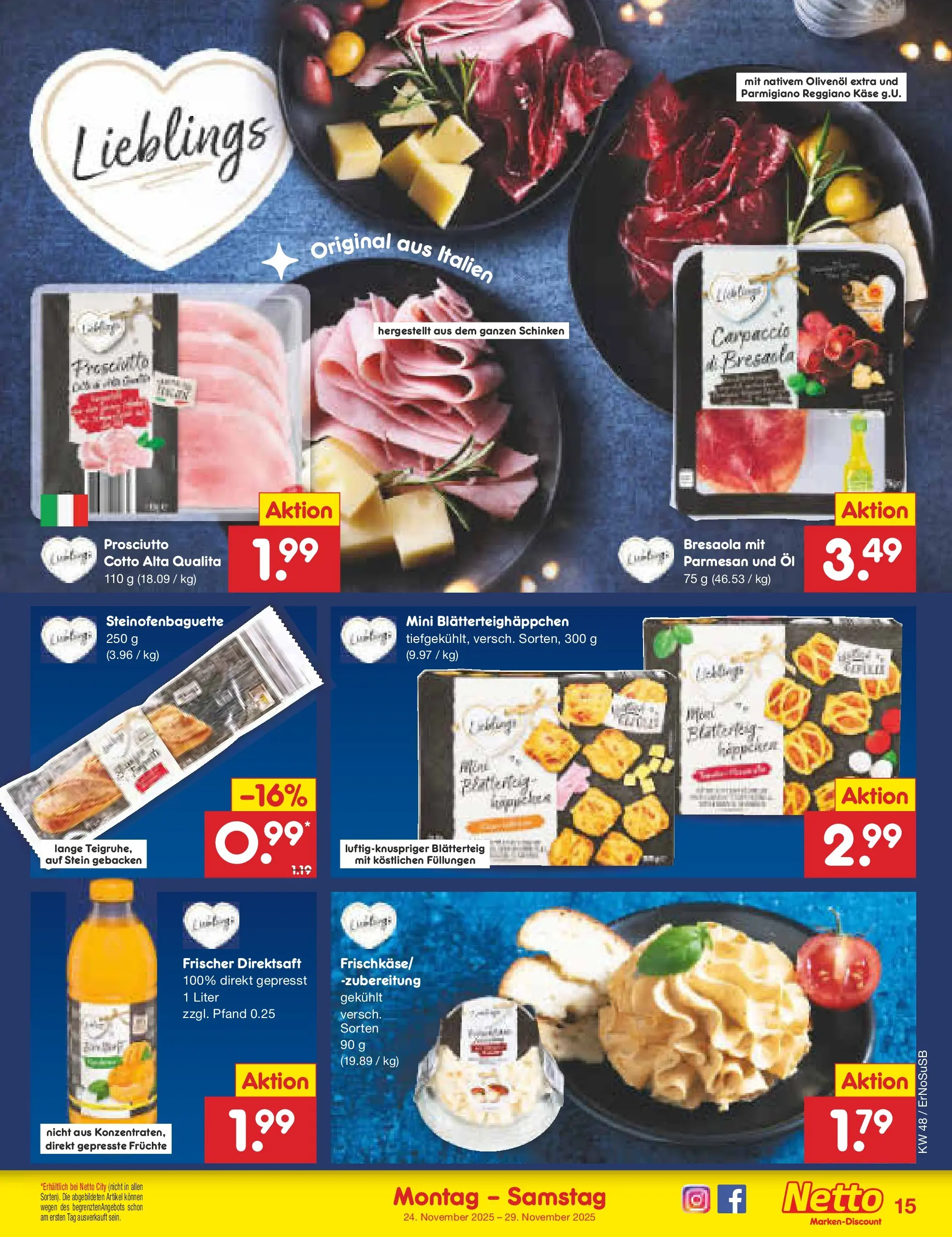 Netto Marken-Discount prospekt Erfurt	 (ab 23.11.2025) » Angebote | Seite: 15 | Produkte: Käse, Öl, Olivenol, Schinken