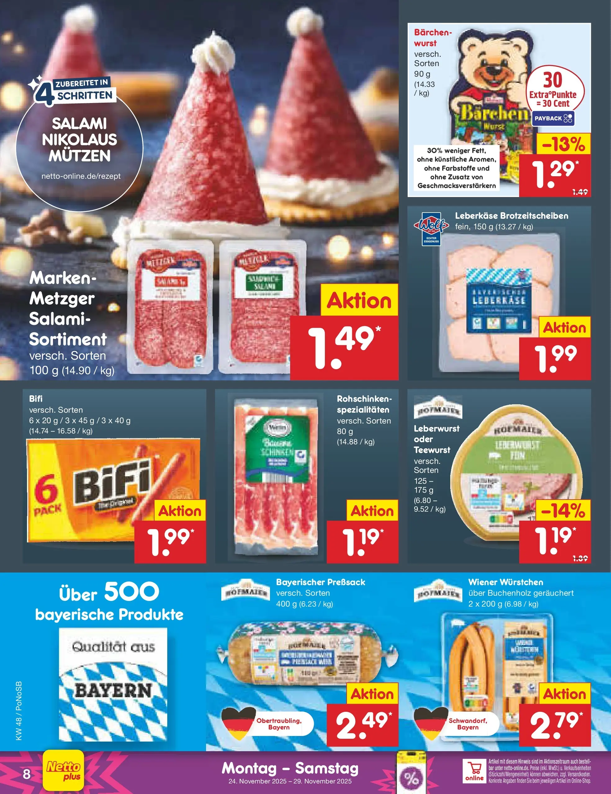 Netto Marken-Discount prospekt Amberg	 (ab 24.11.2025) » Angebote | Seite: 8 | Produkte: Wiener wurstchen, Bifi, Wurst, Leberkase
