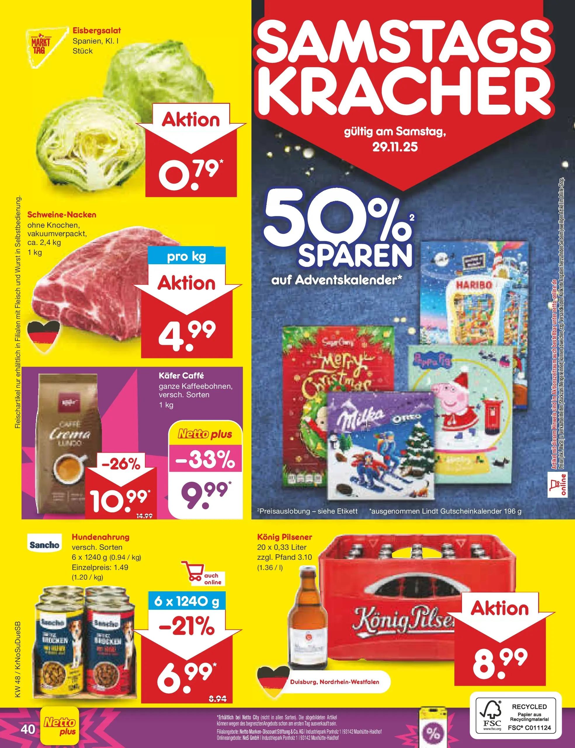 Netto Marken-Discount prospekt Duisburg	 (ab 24.11.2025) » Angebote | Seite: 46 | Produkte: Eisbergsalat, Milka, Wurst, Lindt