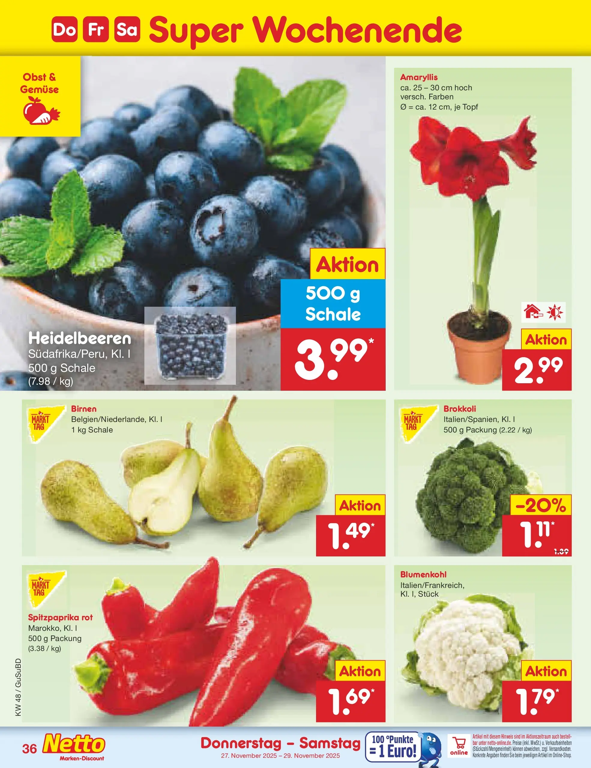 Netto Marken-Discount prospekt Glauchau	 (ab 24.11.2025) » Angebote | Seite: 44 | Produkte: Heidelbeeren, Gemüse, Brokkoli, Blumenkohl
