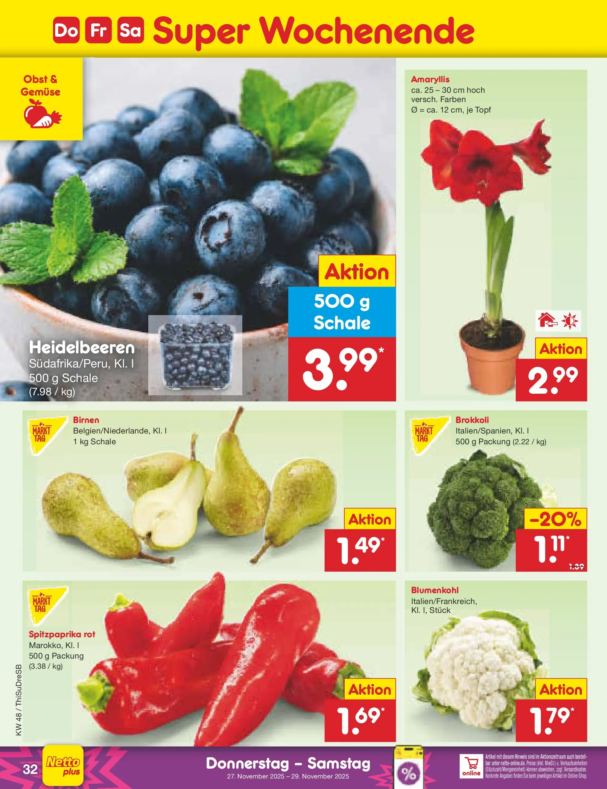 Netto Marken-Discount prospekt Pirna	 (ab 23.11.2025) » Angebote | Seite: 40 | Produkte: Heidelbeeren, Gemüse, Obst, Brokkoli