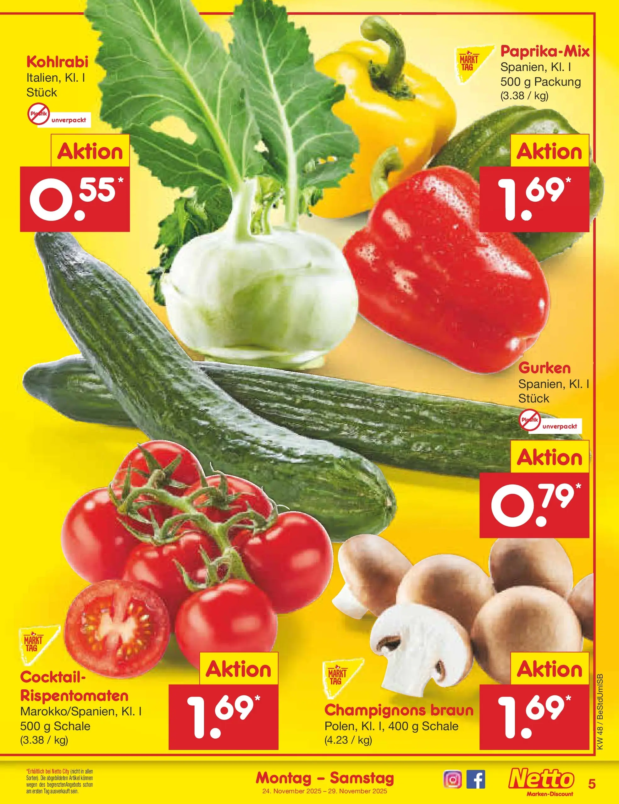 Netto Marken-Discount prospekt Berlin-Spandau	 (ab 23.11.2025) » Angebote | Seite: 5 | Produkte: Kohlrabi, Champignons, Gurken