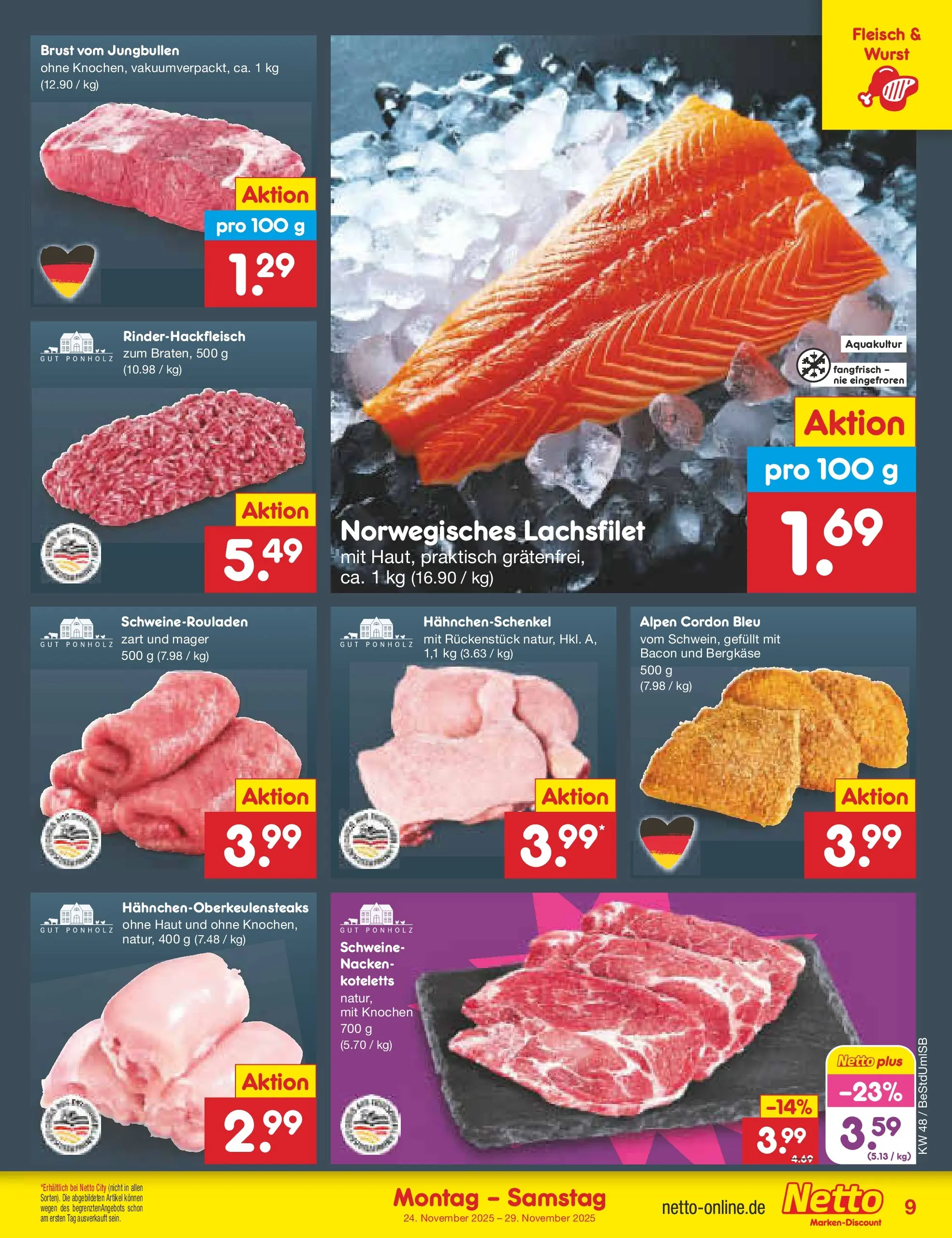 Netto Marken-Discount prospekt Berlin-Spandau	 (ab 23.11.2025) » Angebote | Seite: 9 | Produkte: Hahnchenschenkel, Wurst, Fleisch