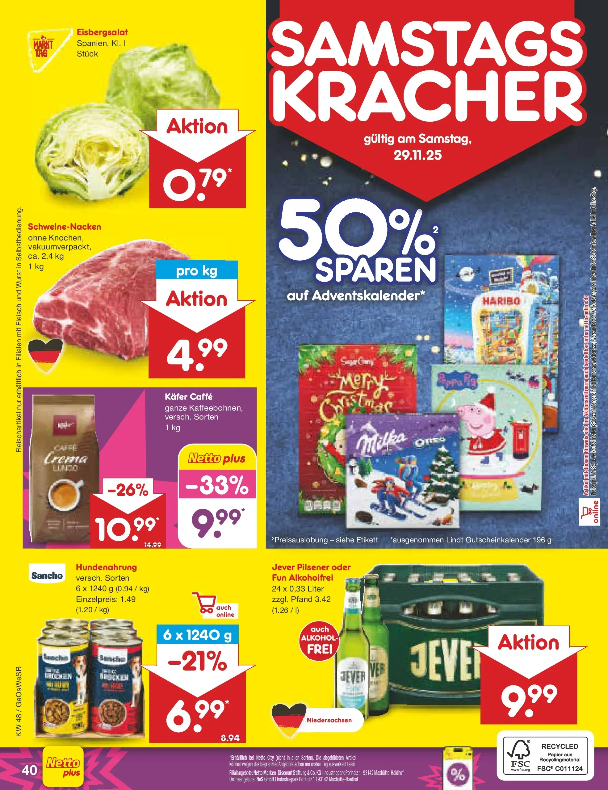 Netto Marken-Discount prospekt Moormerland	 (ab 23.11.2025) » Angebote | Seite: 46 | Produkte: Eisbergsalat, Milka, Lindt, Fleisch