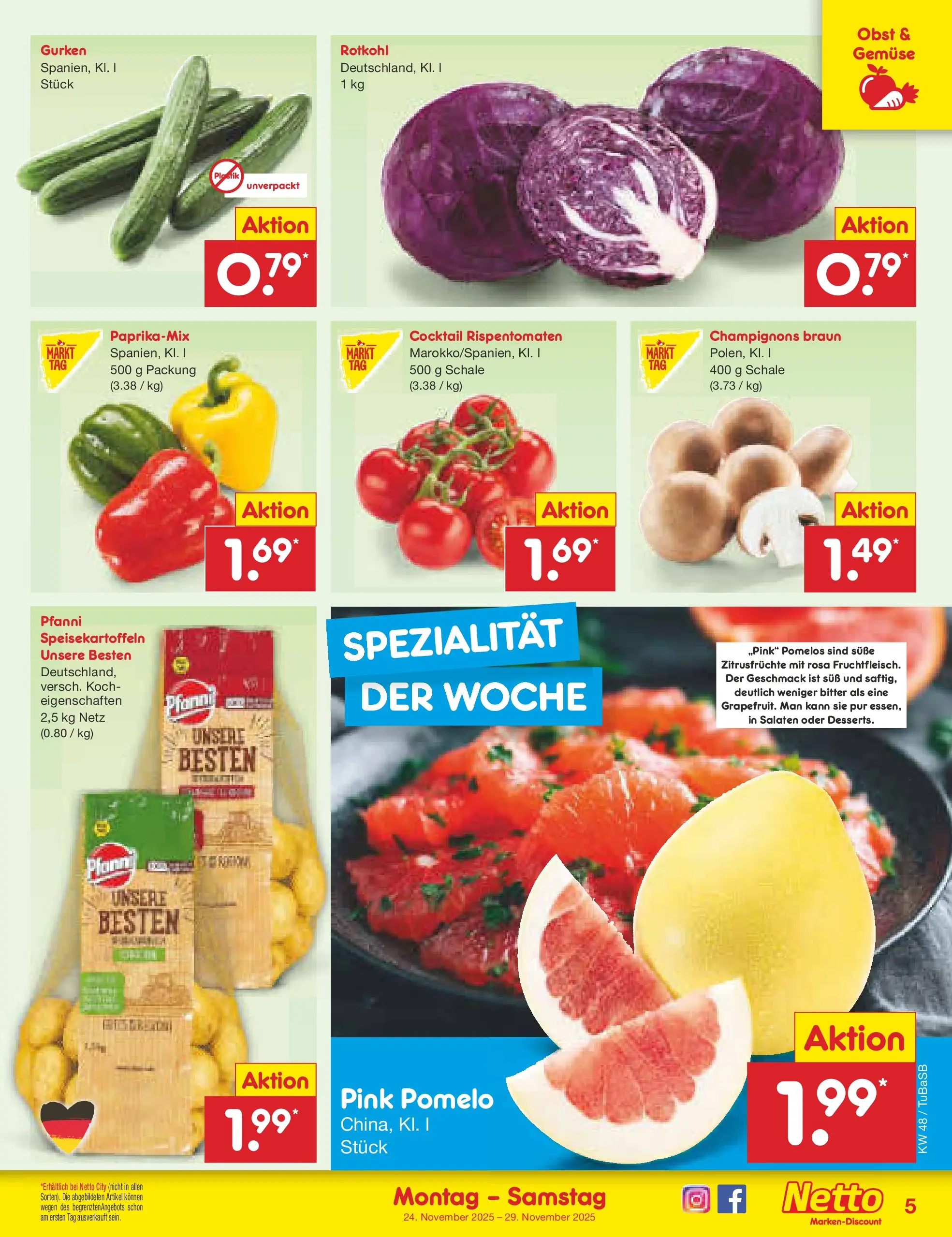 Netto Marken-Discount prospekt Lahr-Langenwinkel	 (ab 24.11.2025) » Angebote | Seite: 5 | Produkte: Rotkohl, Champignons, Gemüse, Obst