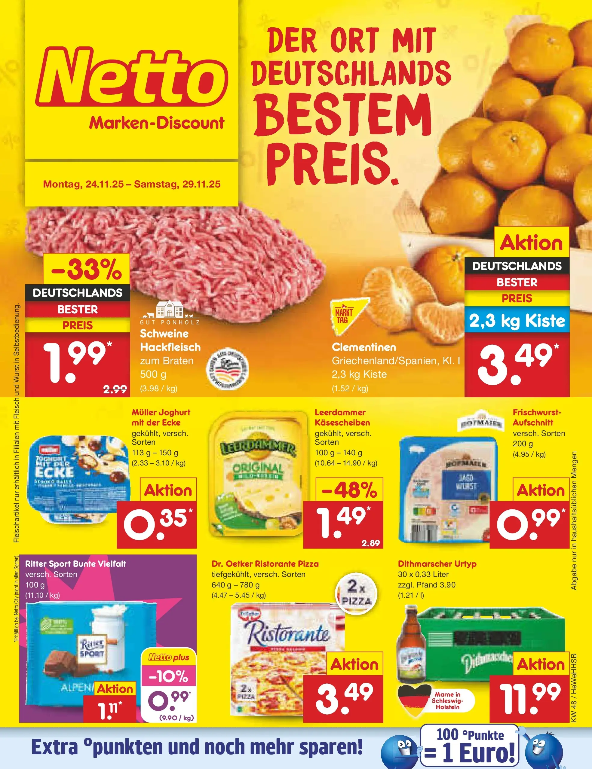 Netto Marken-Discount prospekt Brietlingen	 (ab 23.11.2025) » Angebote | Seite: 1 | Produkte: Ristorante, Leerdammer, Pizza, Hackfleisch