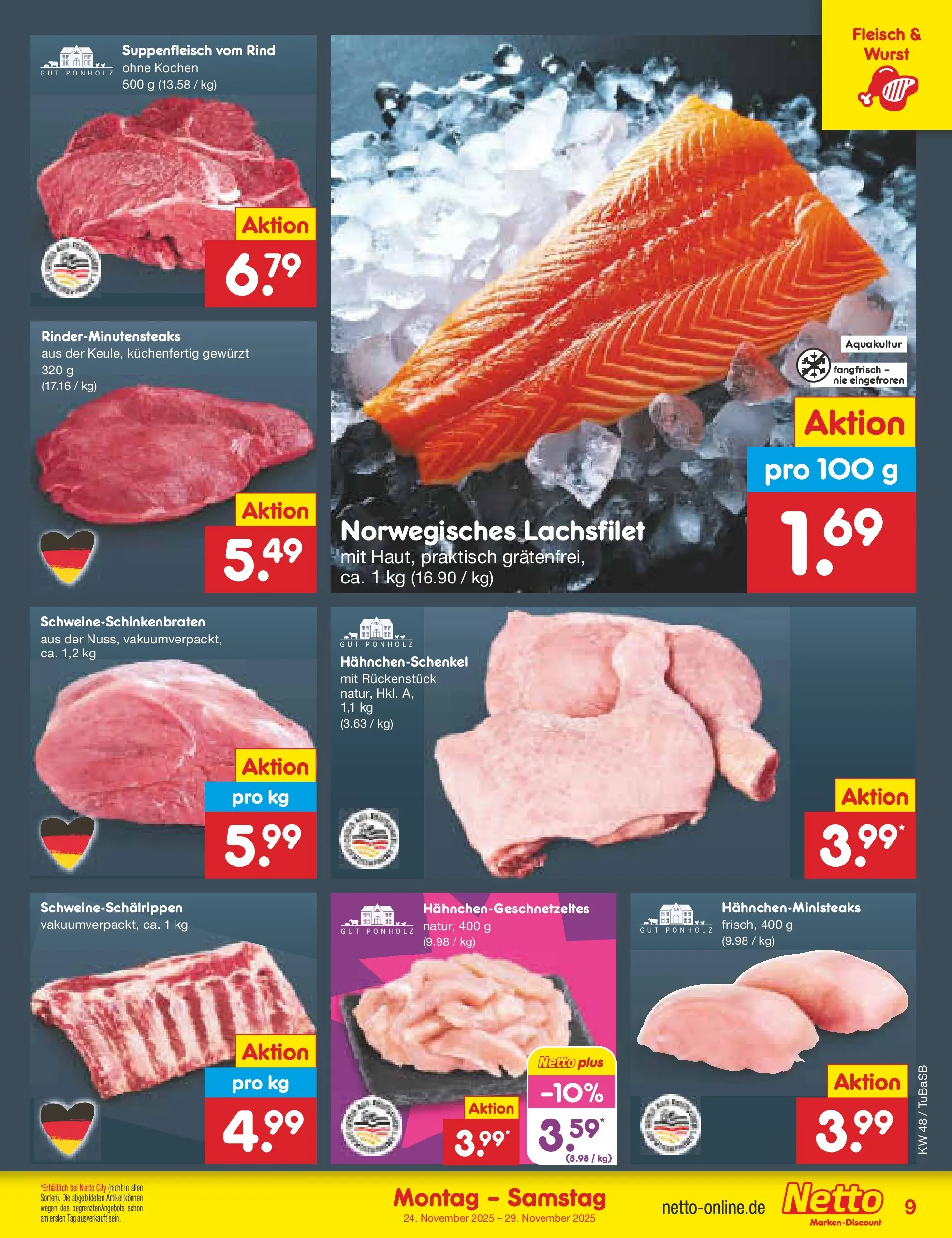 Netto Marken-Discount prospekt Lahr-Langenwinkel	 (ab 24.11.2025) » Angebote | Seite: 9 | Produkte: Hahnchenschenkel, Suppenfleisch, Wurst, Fleisch