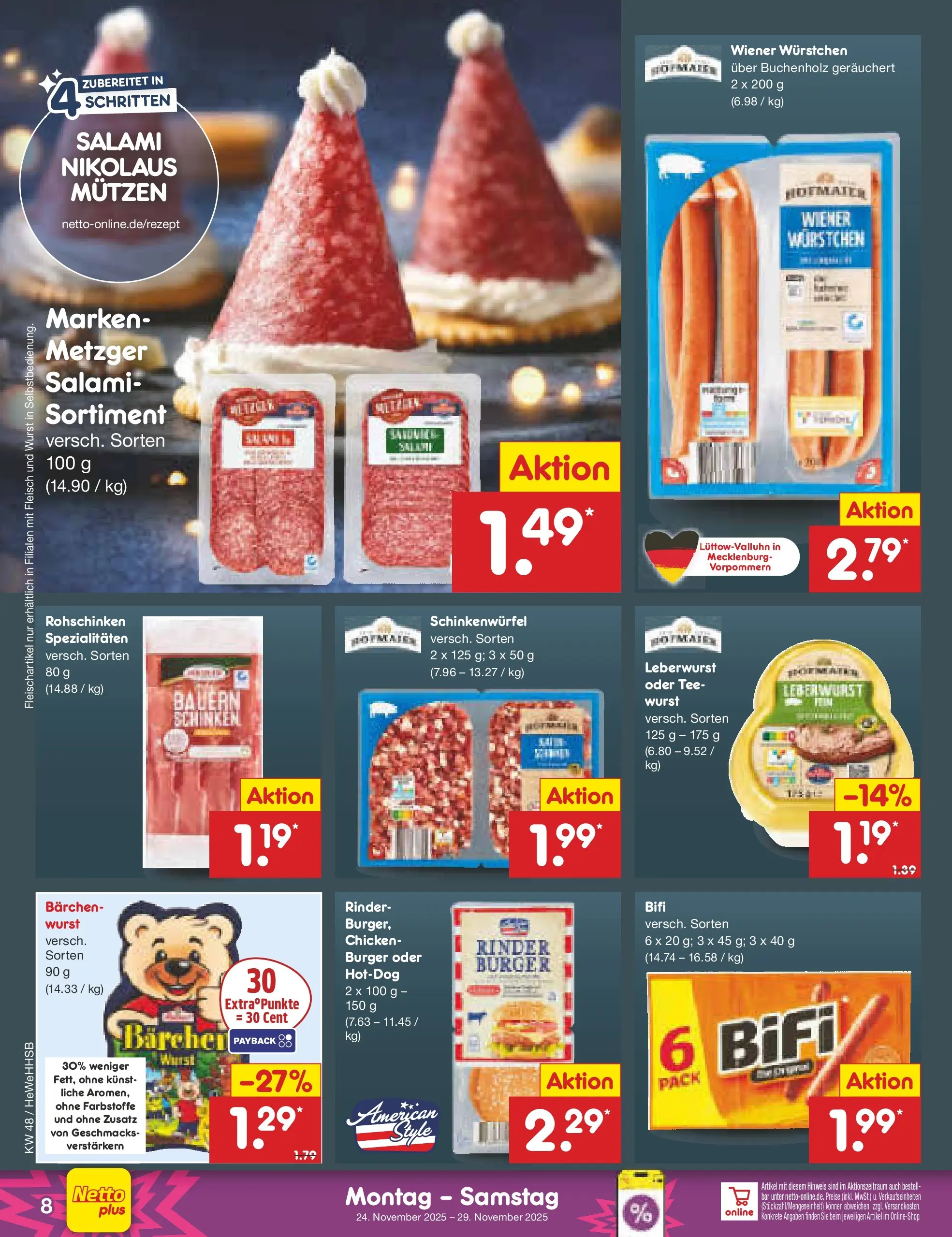 Netto Marken-Discount prospekt Brietlingen	 (ab 23.11.2025) » Angebote | Seite: 8 | Produkte: Wiener wurstchen, Bifi, Wurst, Tee