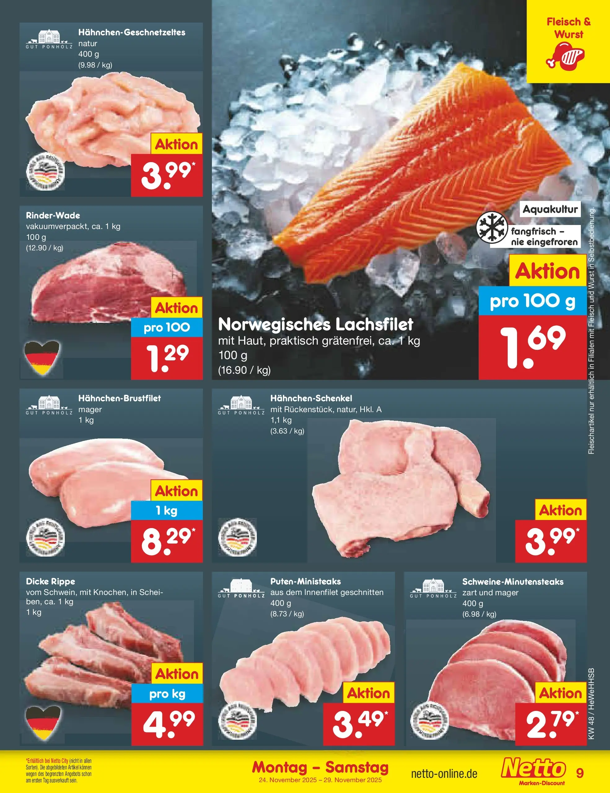 Netto Marken-Discount prospekt Brietlingen	 (ab 23.11.2025) » Angebote | Seite: 9 | Produkte: Hahnchenschenkel, Wurst, Fleisch