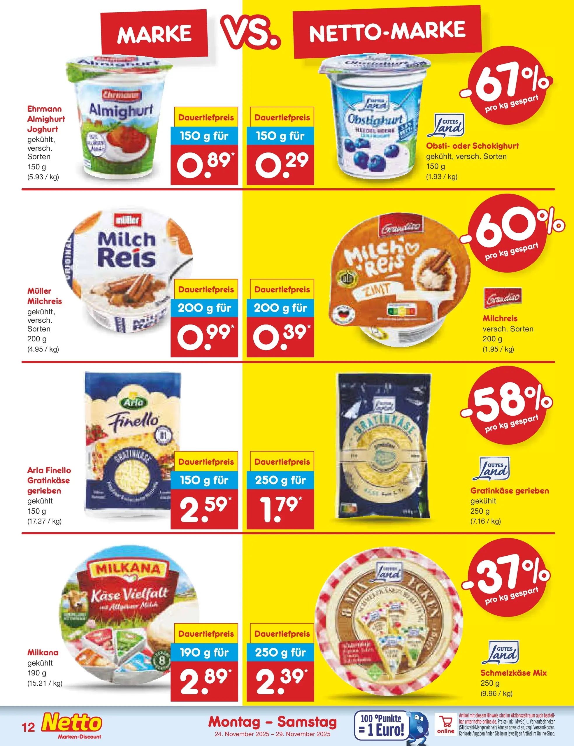 Netto Marken-Discount prospekt Brietlingen	 (ab 23.11.2025) » Angebote | Seite: 12 | Produkte: Ehrmann almighurt, Käse, Joghurt, Reis