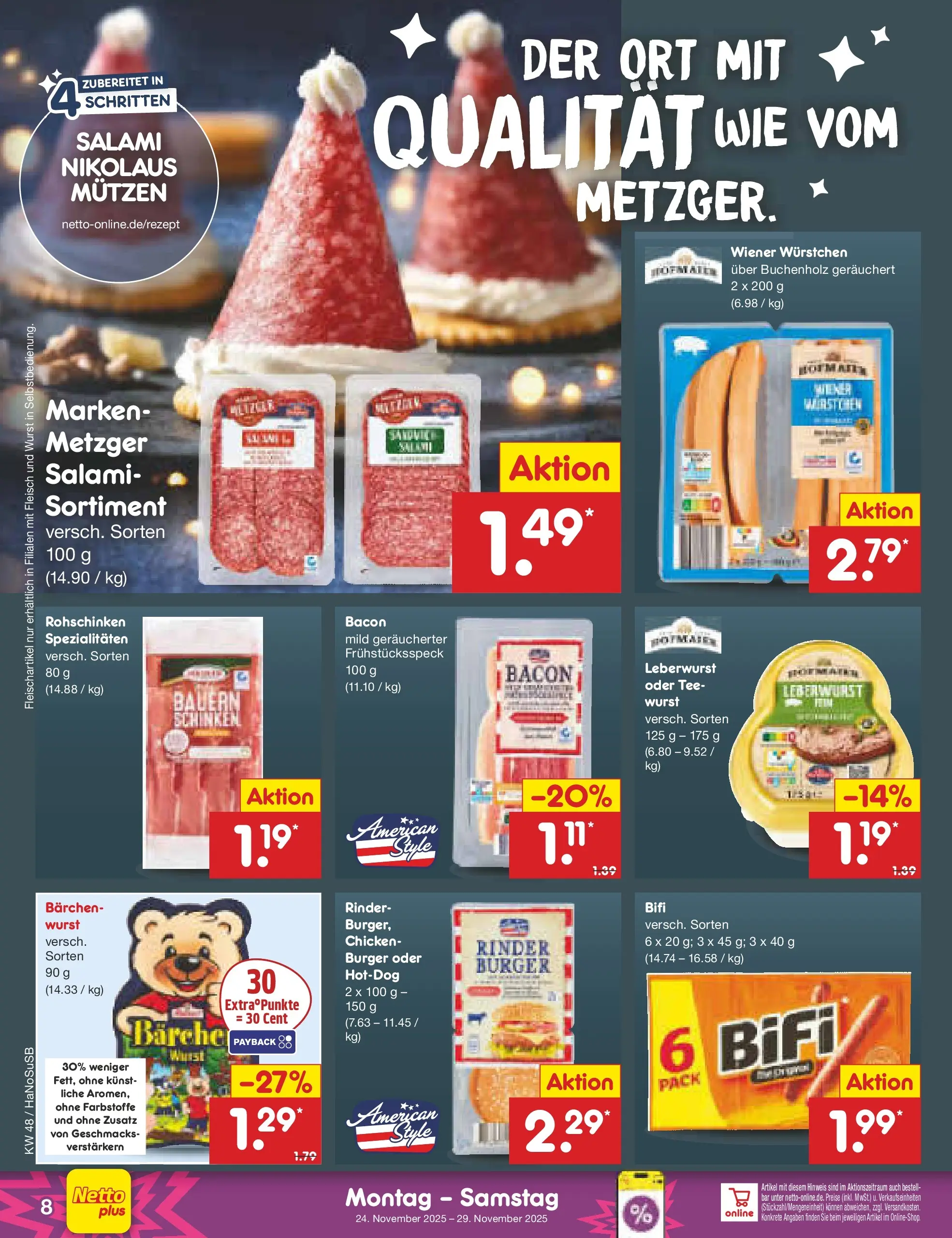 Netto Marken-Discount prospekt Wuppertal	 (ab 23.11.2025) » Angebote | Seite: 8 | Produkte: Burger, Salami, Tee, Fleisch