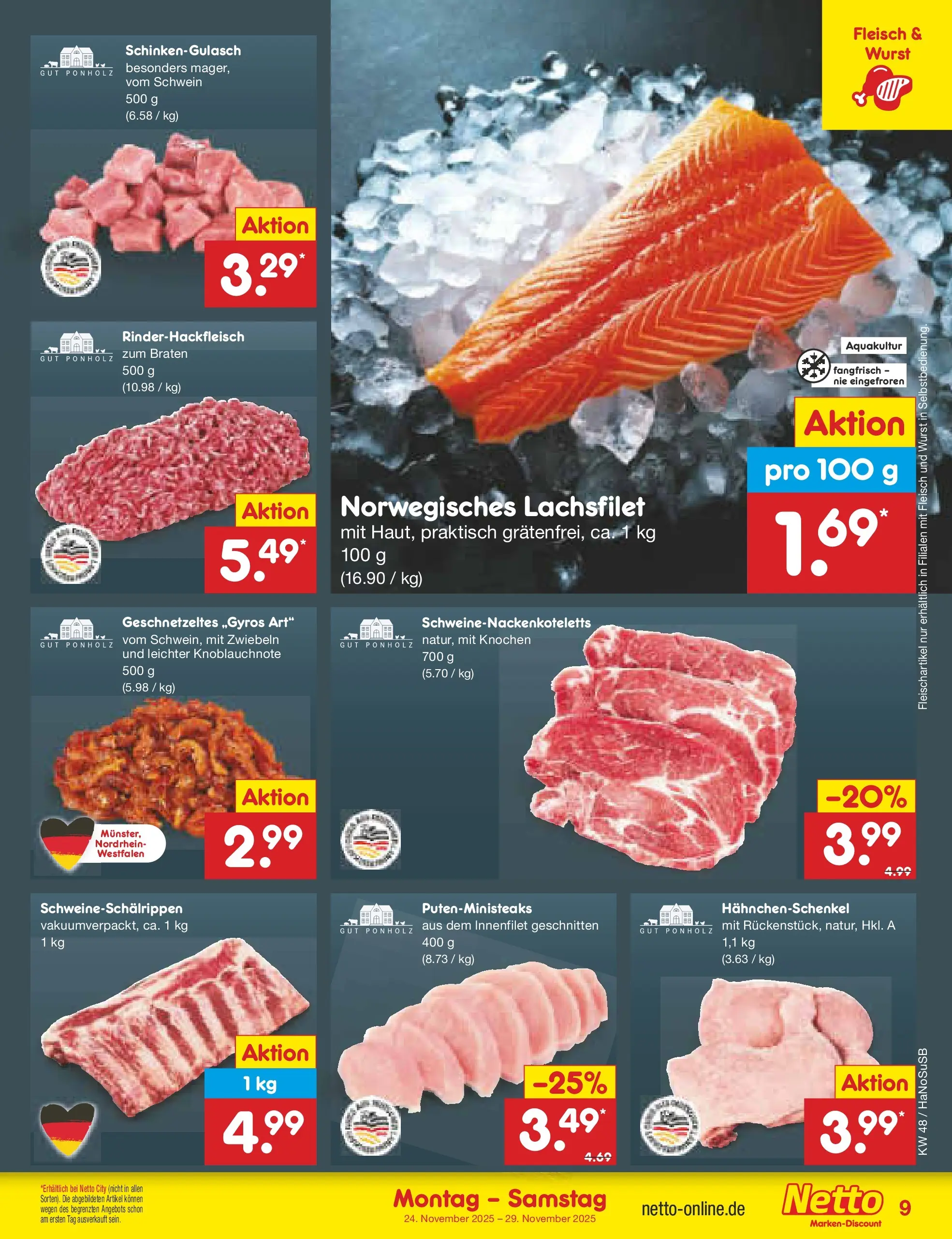 Netto Marken-Discount prospekt Wuppertal	 (ab 23.11.2025) » Angebote | Seite: 9 | Produkte: Hahnchenschenkel, Zwiebeln, Wurst, Fleisch