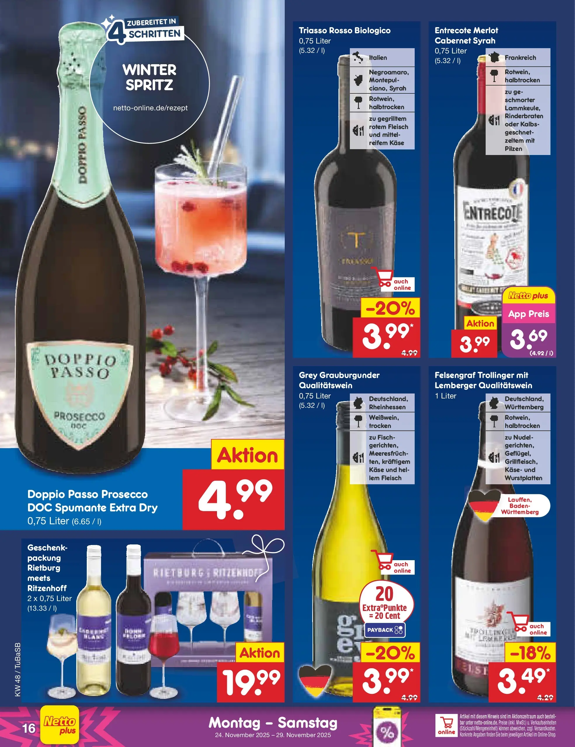 Netto Marken-Discount prospekt Lahr-Langenwinkel	 (ab 24.11.2025) » Angebote | Seite: 16 | Produkte: Rinderbraten, Käse, Fisch, Prosecco