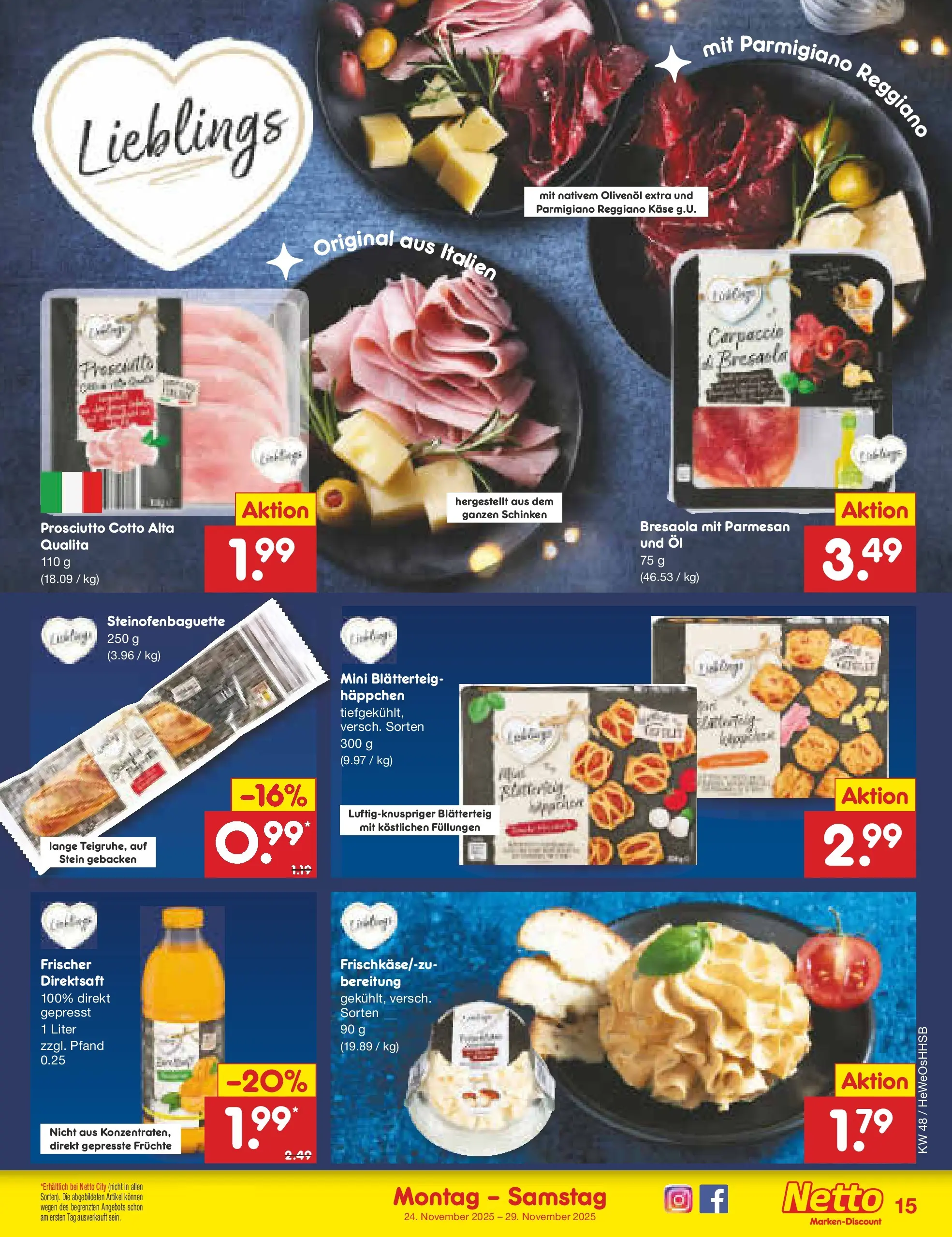 Netto Marken-Discount prospekt Brietlingen	 (ab 23.11.2025) » Angebote | Seite: 15 | Produkte: Käse, Öl, Olivenol, Schinken