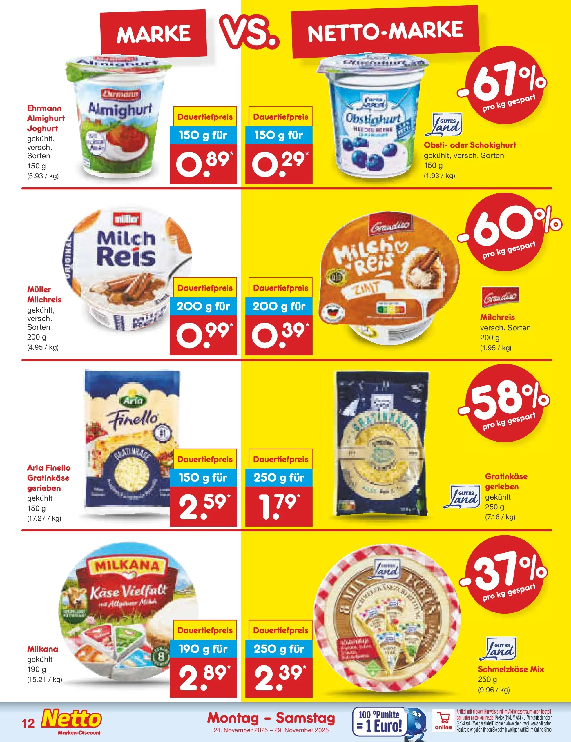 Netto Marken-Discount prospekt Wuppertal	 (ab 23.11.2025) » Angebote | Seite: 12 | Produkte: Milch, Käse, Joghurt, Reis