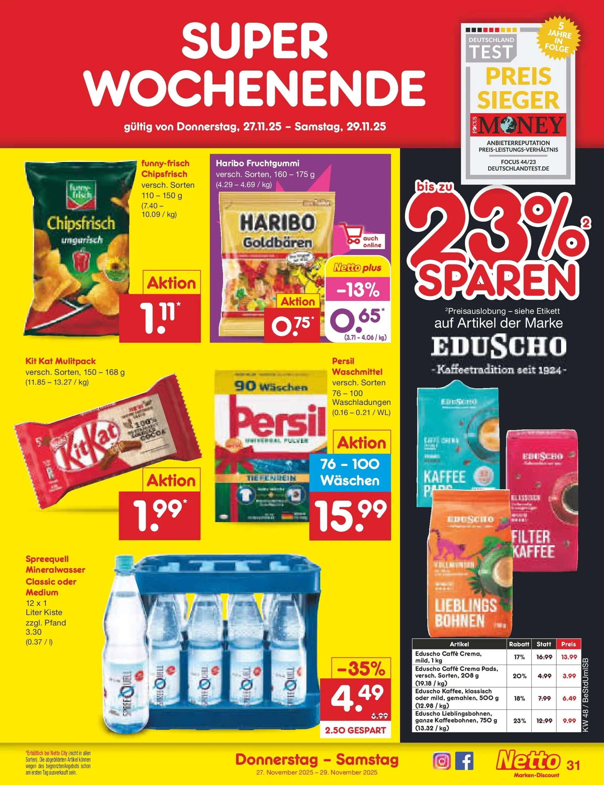 Netto Marken-Discount prospekt Berlin-Spandau	 (ab 23.11.2025) » Angebote | Seite: 39 | Produkte: Mineralwasser, Waschmittel, Eduscho, Persil