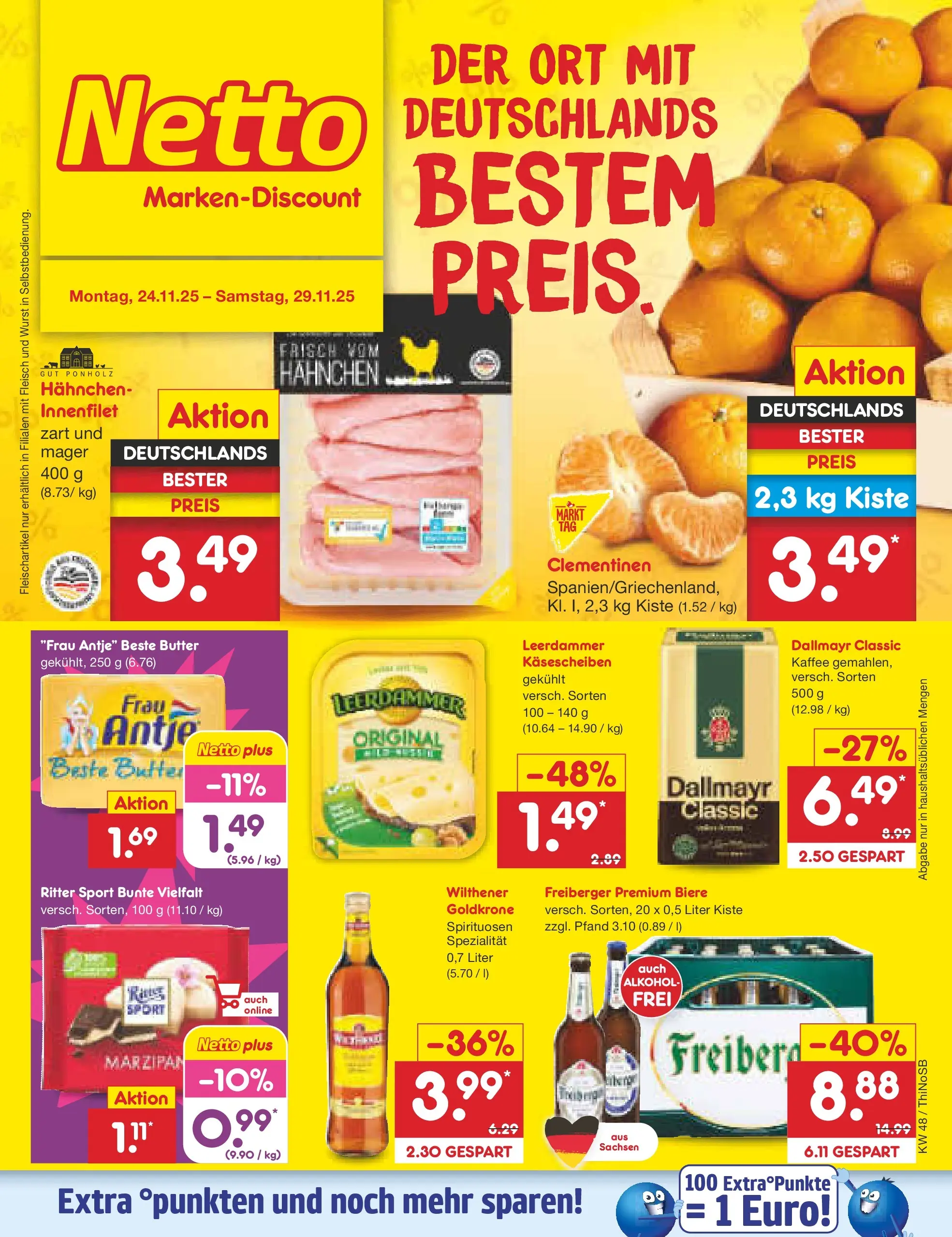 Netto Marken-Discount prospekt Spremberg	 (ab 24.11.2025) » Angebote | Seite: 1 | Produkte: Hahnchen, Wilthener, Dallmayr, Fleisch