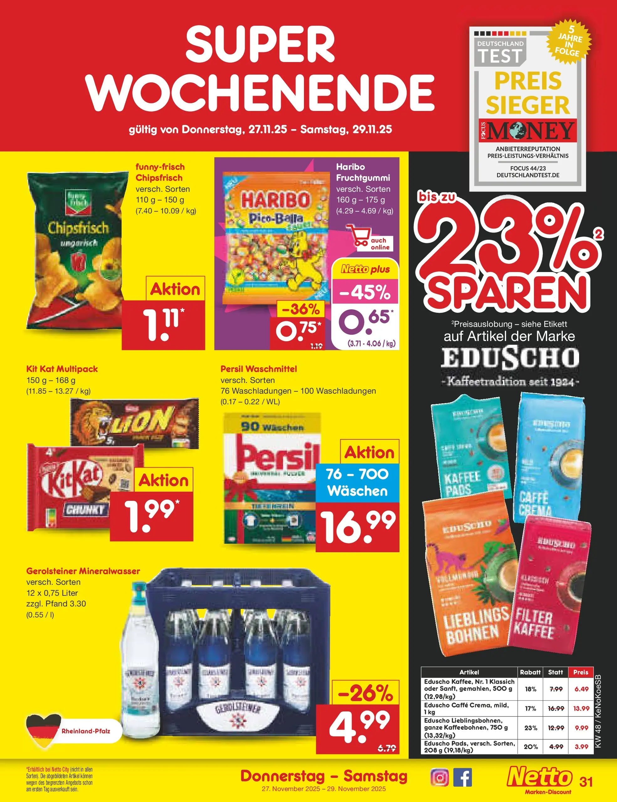 Netto Marken-Discount prospekt Bonn	 (ab 23.11.2025) » Angebote | Seite: 37 | Produkte: Mineralwasser, Waschmittel, Eduscho, Gerolsteiner
