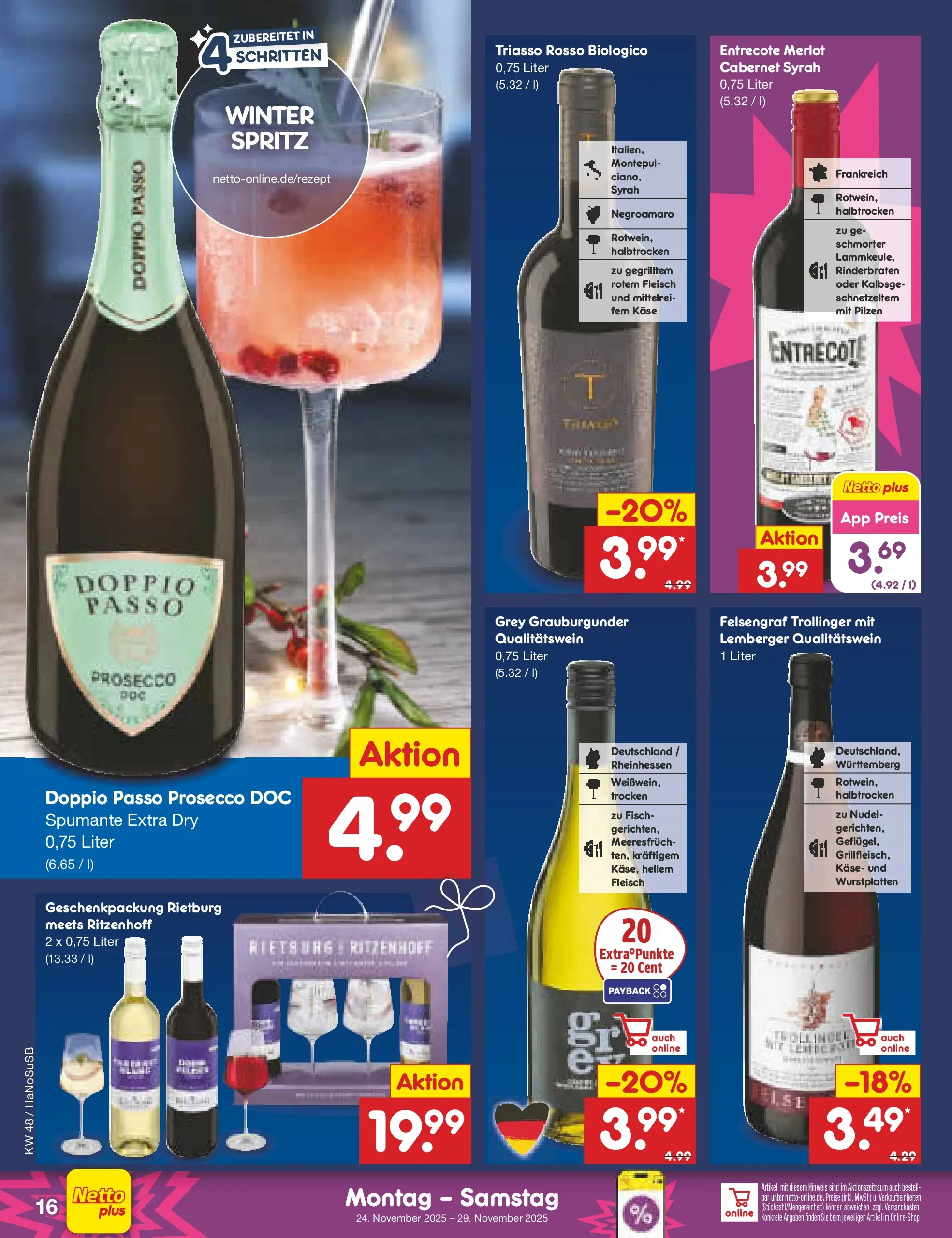 Netto Marken-Discount prospekt Wuppertal	 (ab 23.11.2025) » Angebote | Seite: 16 | Produkte: Käse, Entrecote, Prosecco, Doppio Passo
