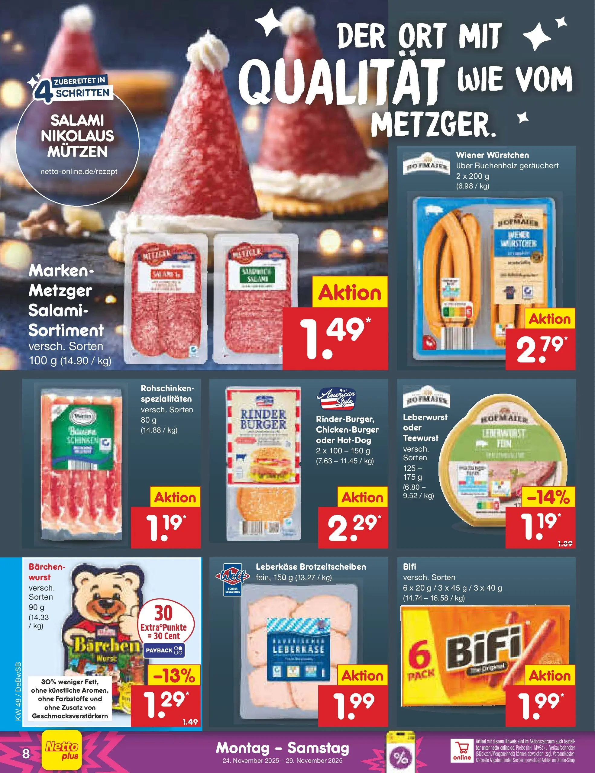 Netto Marken-Discount prospekt Waiblingen-Bittenfeld	 (ab 24.11.2025) » Angebote | Seite: 8 | Produkte: Wiener wurstchen, Burger, Wurst, Salami