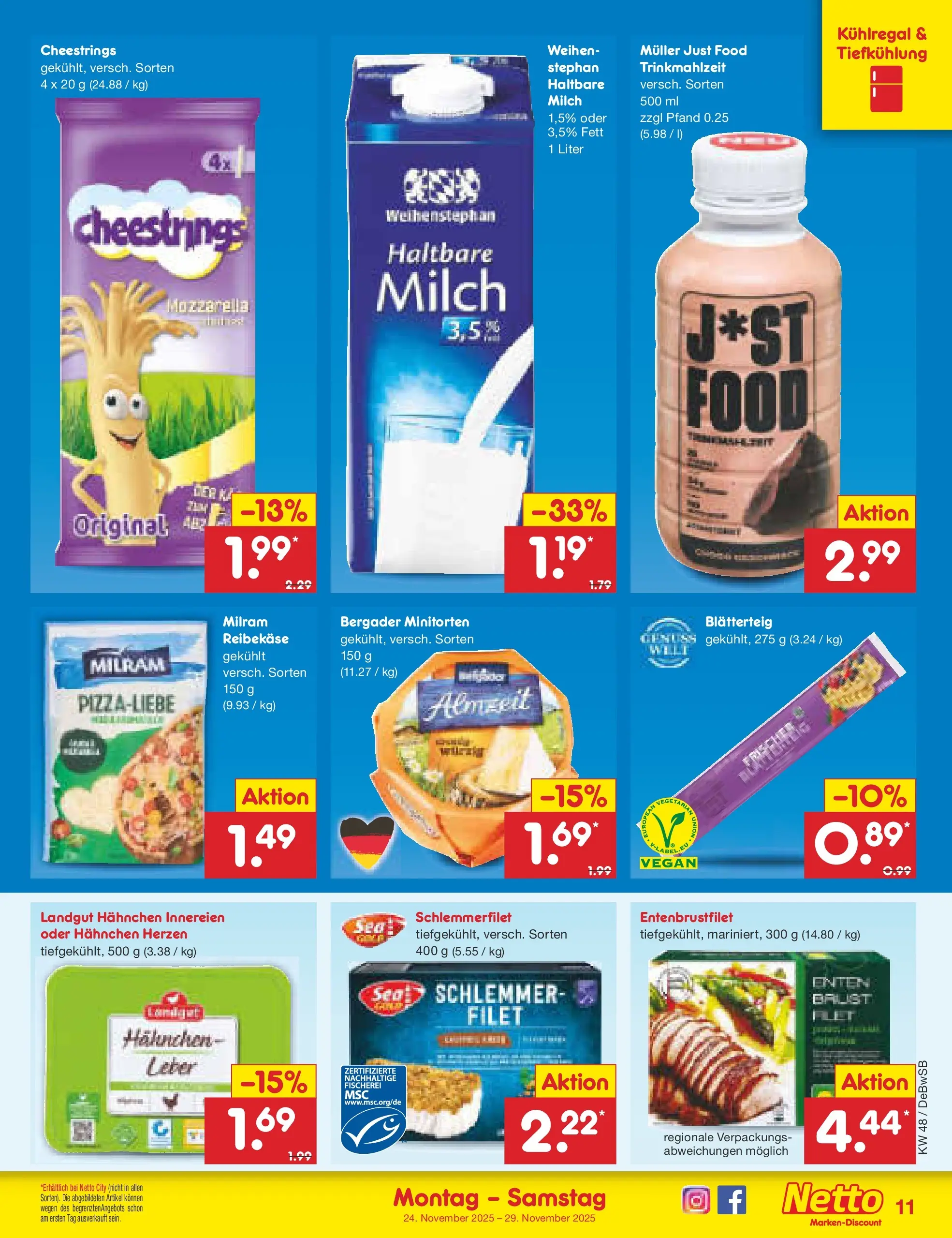 Netto Marken-Discount prospekt Waiblingen-Bittenfeld	 (ab 24.11.2025) » Angebote | Seite: 11 | Produkte: Milch, Mozzarella, Haltbare milch, Reibekase