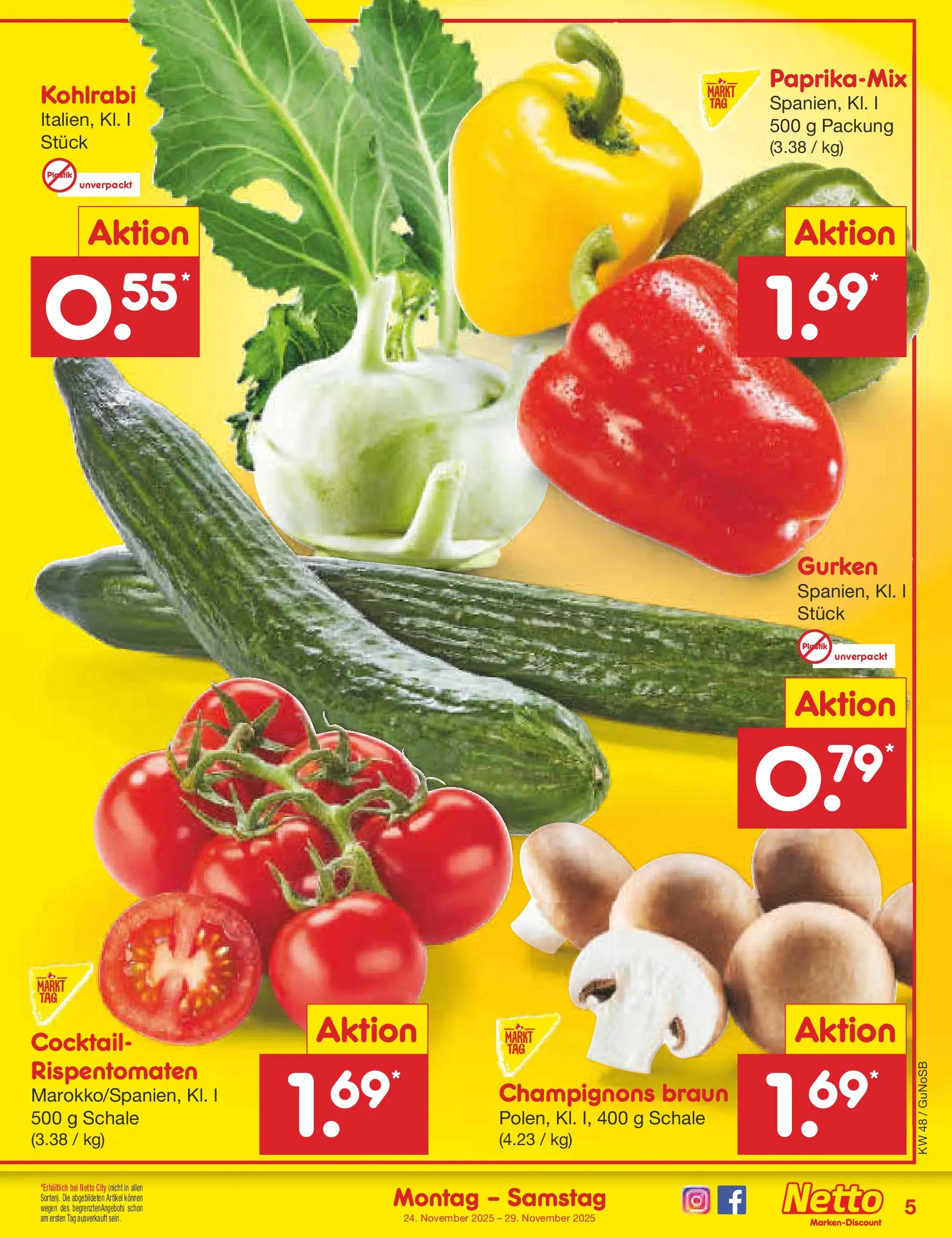 Netto Marken-Discount prospekt Machern	 (ab 23.11.2025) » Angebote | Seite: 5 | Produkte: Kohlrabi, Champignons, Gurken