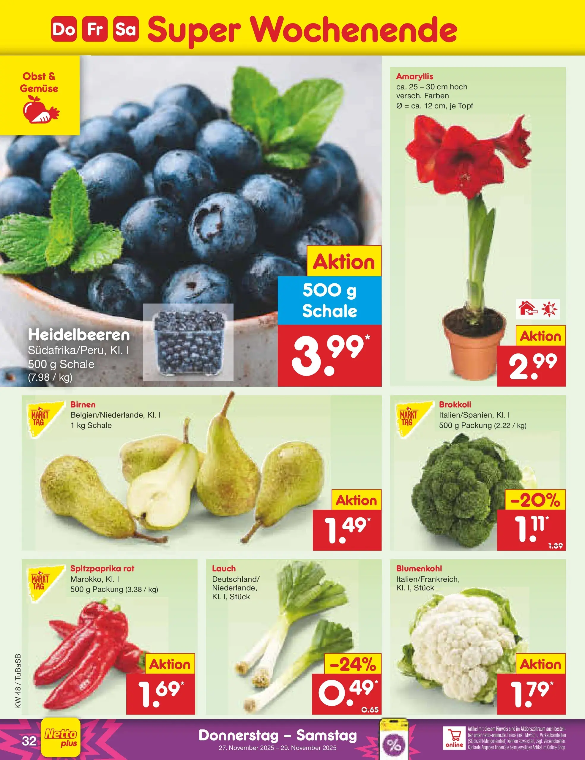 Netto Marken-Discount prospekt Lahr-Langenwinkel	 (ab 24.11.2025) » Angebote | Seite: 40 | Produkte: Heidelbeeren, Gemüse, Obst, Blumenkohl