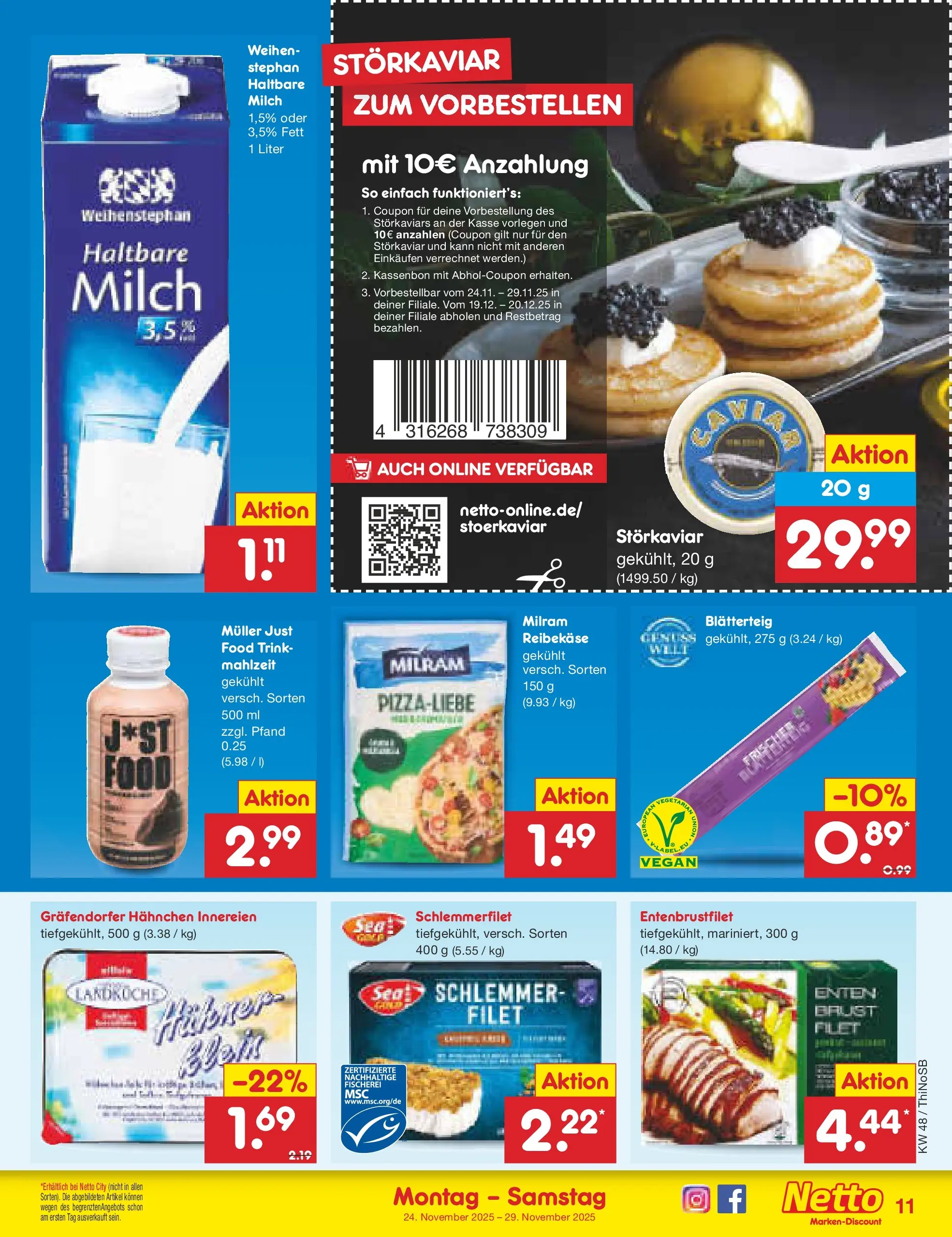 Netto Marken-Discount prospekt Spremberg	 (ab 24.11.2025) » Angebote | Seite: 11 | Produkte: Milch, Haltbare milch, Milram, Reibekase