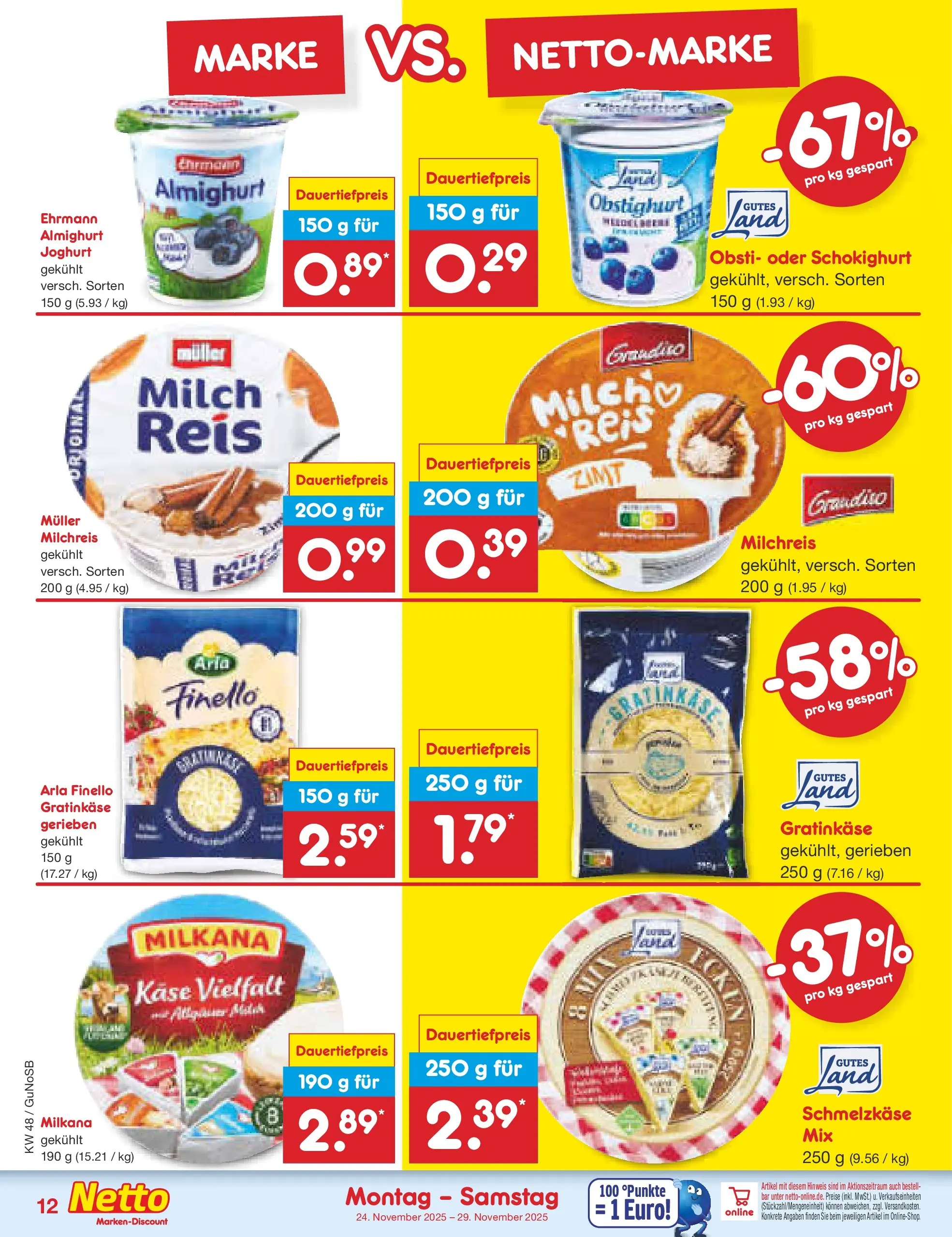 Netto Marken-Discount prospekt Machern	 (ab 23.11.2025) » Angebote | Seite: 12 | Produkte: Ehrmann almighurt, Milch, Käse, Milkana