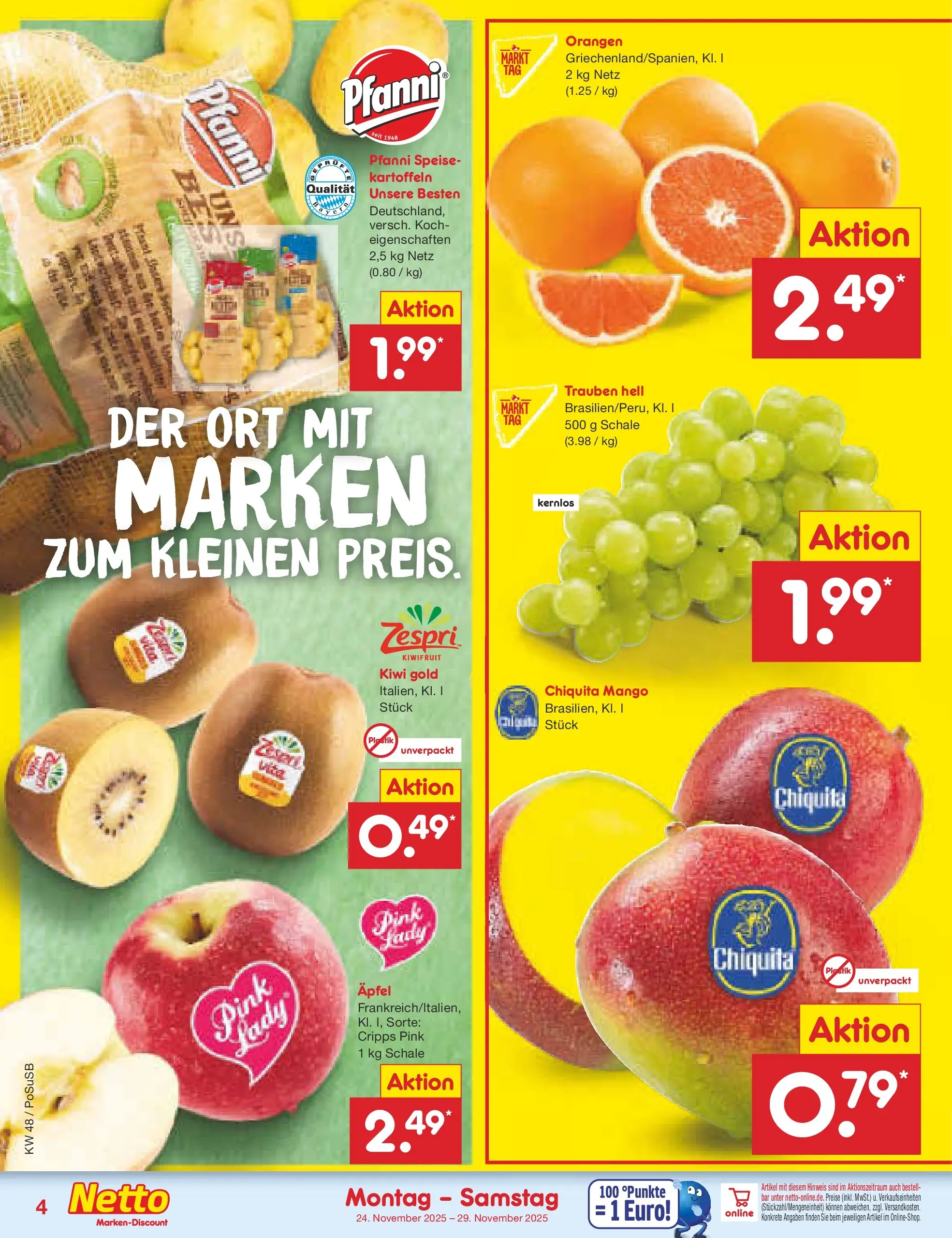 Netto Marken-Discount prospekt Regensburg	 (ab 24.11.2025) » Angebote | Seite: 4 | Produkte: Trauben, Äpfel, Kartoffeln, Kiwi