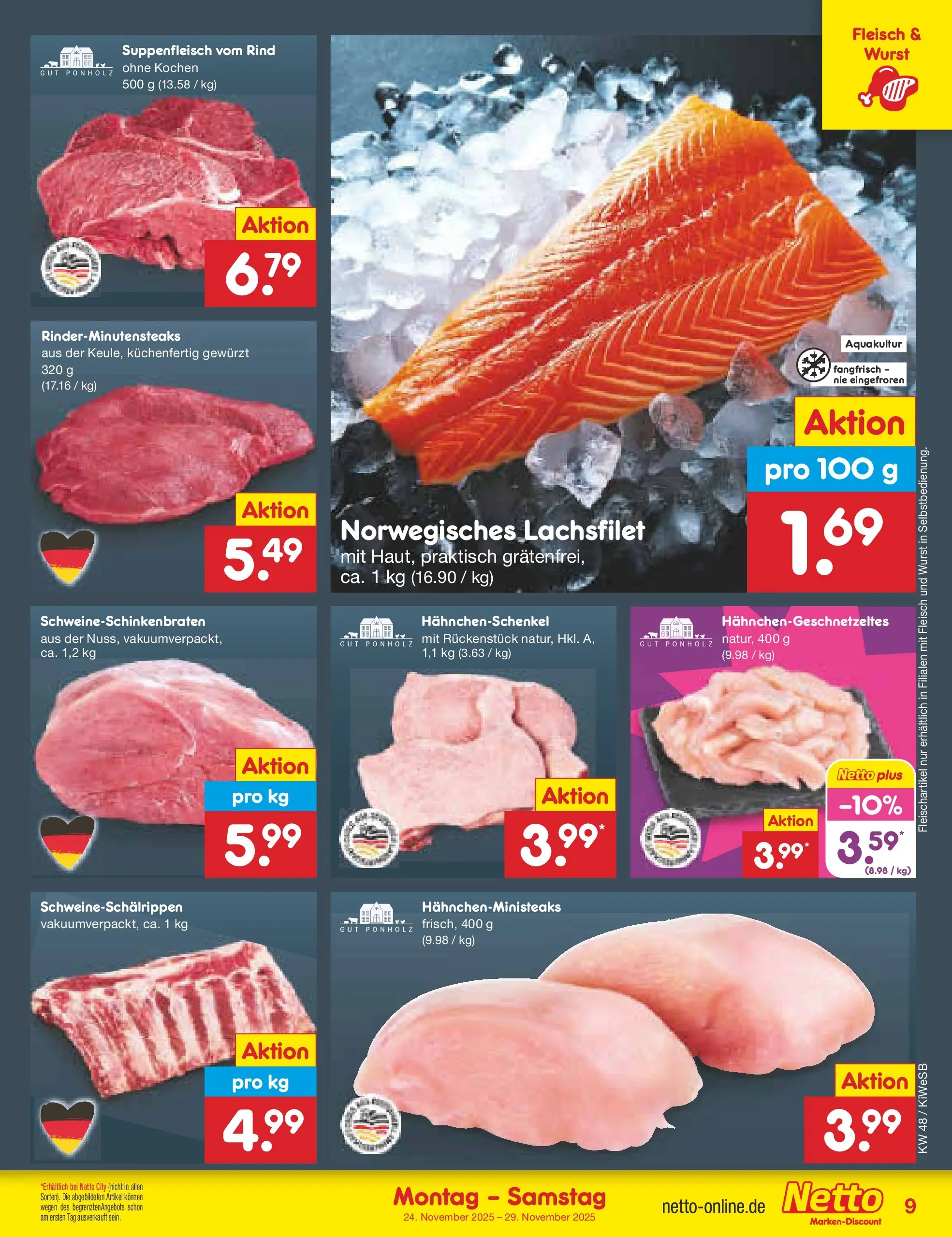 Netto Marken-Discount prospekt Bad Friedrichshall	 (ab 24.11.2025) » Angebote | Seite: 9 | Produkte: Hahnchenschenkel, Suppenfleisch, Wurst, Fleisch