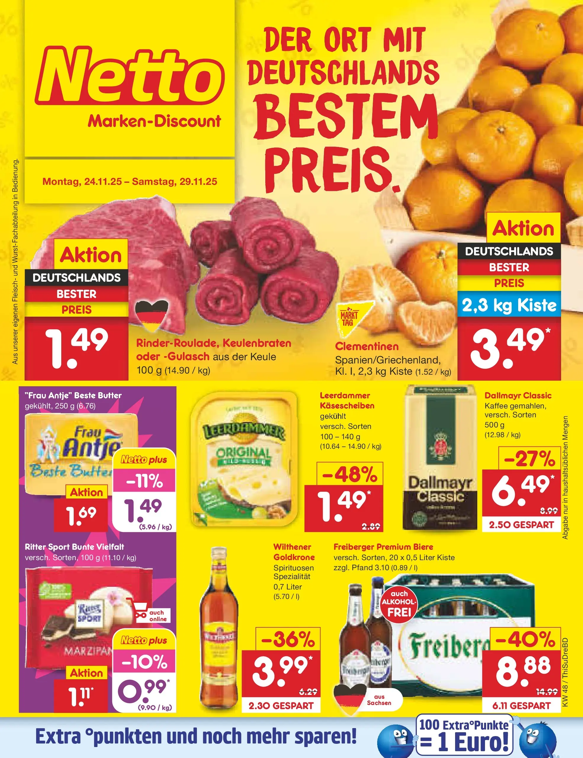 Netto Marken-Discount prospekt Thiendorf	 (ab 24.11.2025) » Angebote | Seite: 1 | Produkte: Ritter sport, Leerdammer, Dallmayr, Gulasch