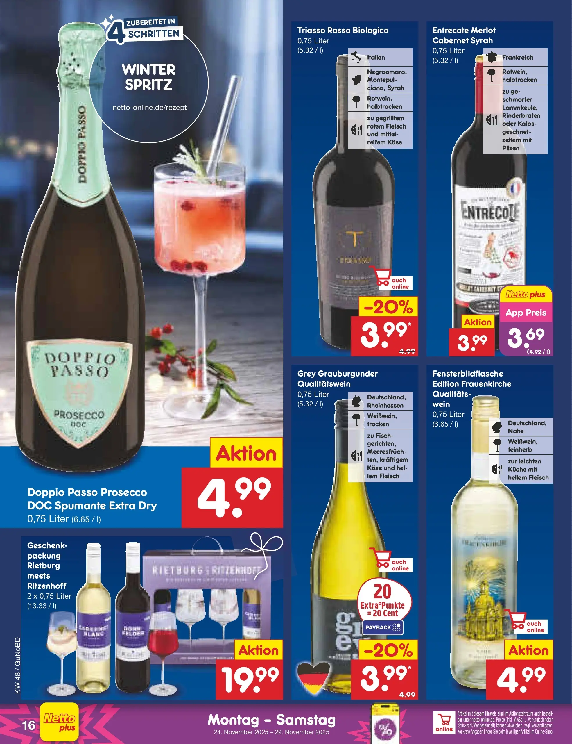 Netto Marken-Discount prospekt Augustusburg	 (ab 23.11.2025) » Angebote | Seite: 16 | Produkte: Prosecco, Doppio Passo, Wein, Fleisch