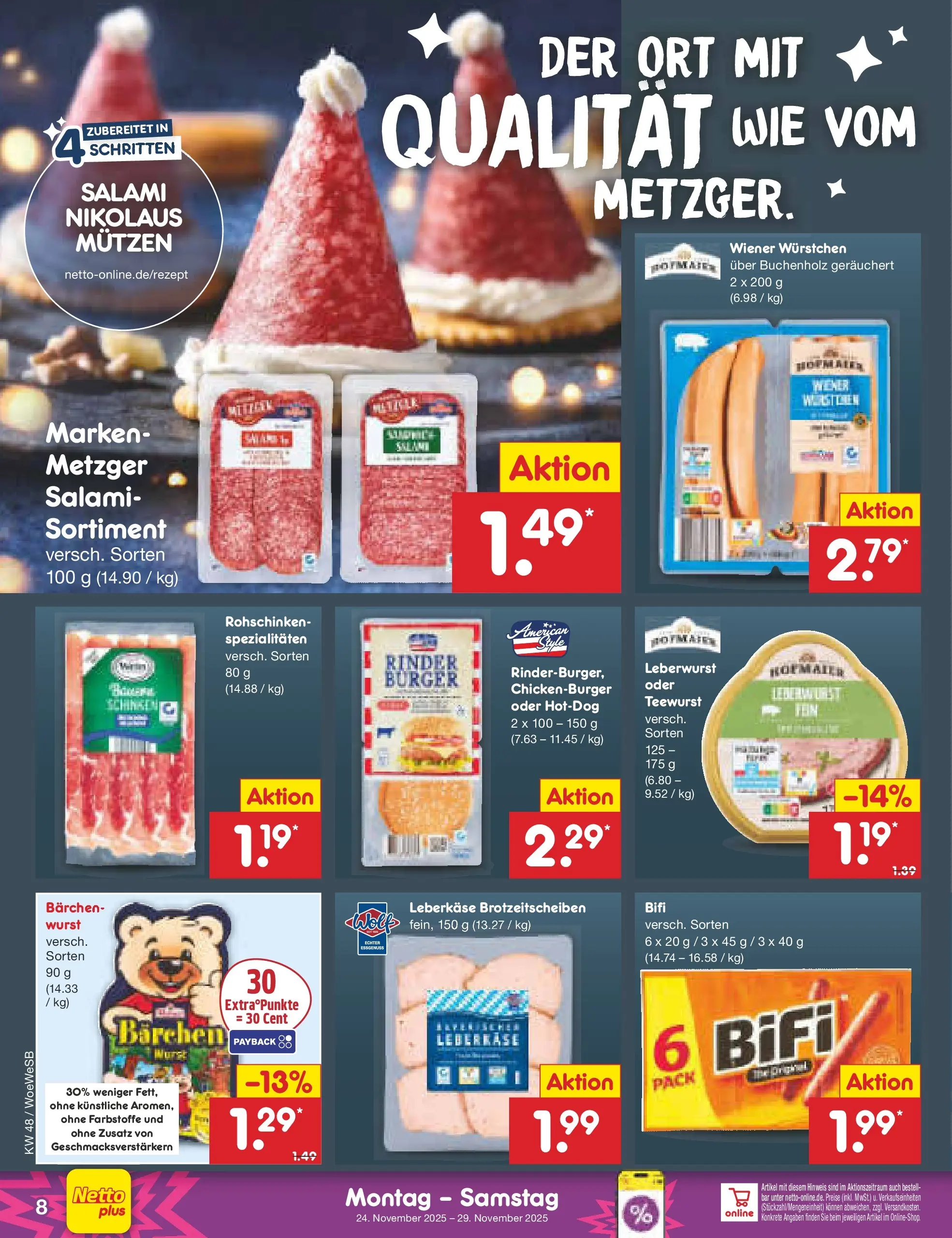 Netto Marken-Discount prospekt Katzweiler	 (ab 24.11.2025) » Angebote | Seite: 8 | Produkte: Wiener wurstchen, Bifi, Burger, Leberkase