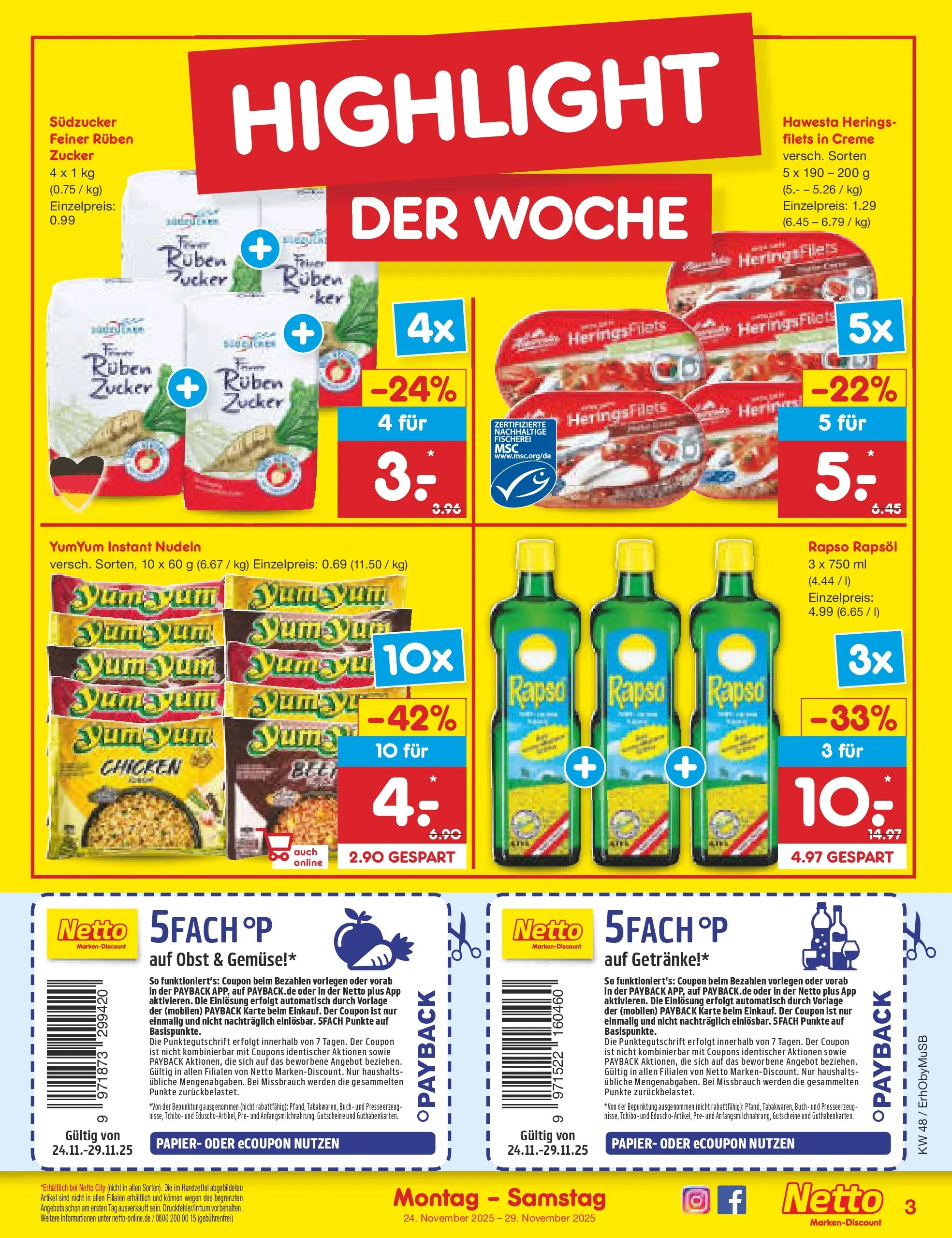 Netto Marken-Discount prospekt München	 (ab 23.11.2025) » Angebote | Seite: 3 | Produkte: Rapsöl, Gemüse, Obst, Nudeln