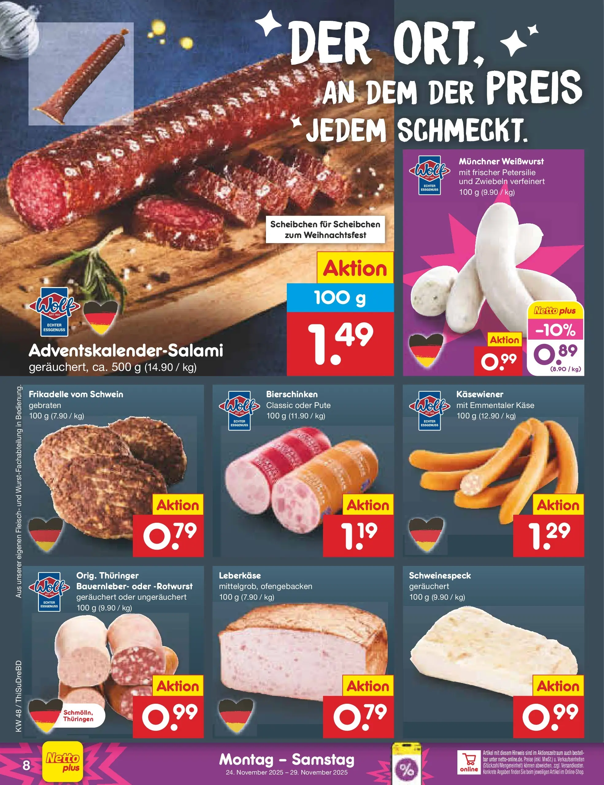Netto Marken-Discount prospekt Thiendorf	 (ab 24.11.2025) » Angebote | Seite: 8 | Produkte: Käse, Weißwurst, Zwiebeln, Leberkase