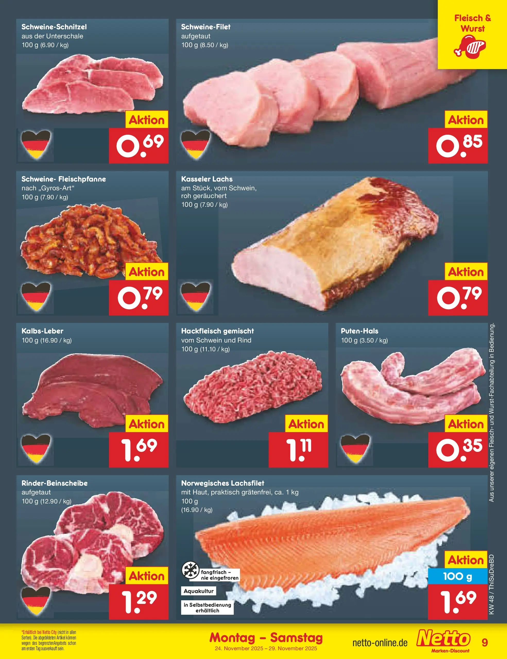 Netto Marken-Discount prospekt Thiendorf	 (ab 24.11.2025) » Angebote | Seite: 9 | Produkte: Kalbsleber, Lachs, Wurst, Fleisch