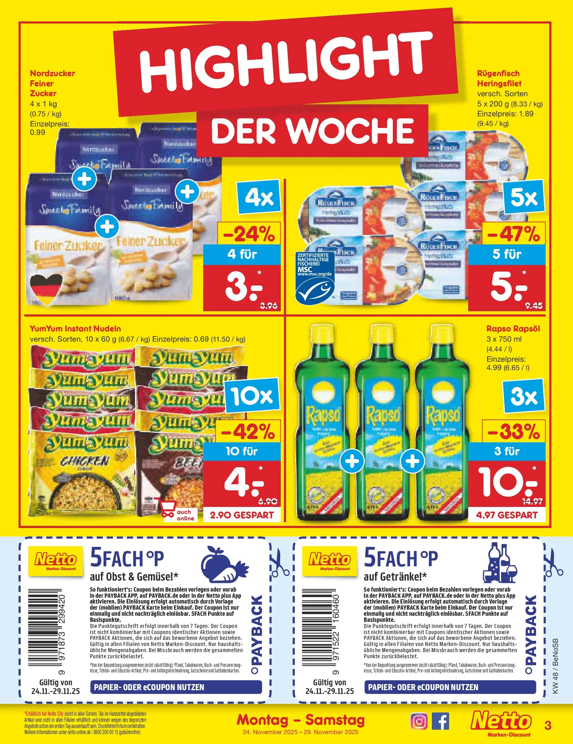 Netto Marken-Discount prospekt Bergen Auf Rügen	 (ab 24.11.2025) » Angebote | Seite: 3 | Produkte: Rapsöl, Obst, Zucker, Nudeln