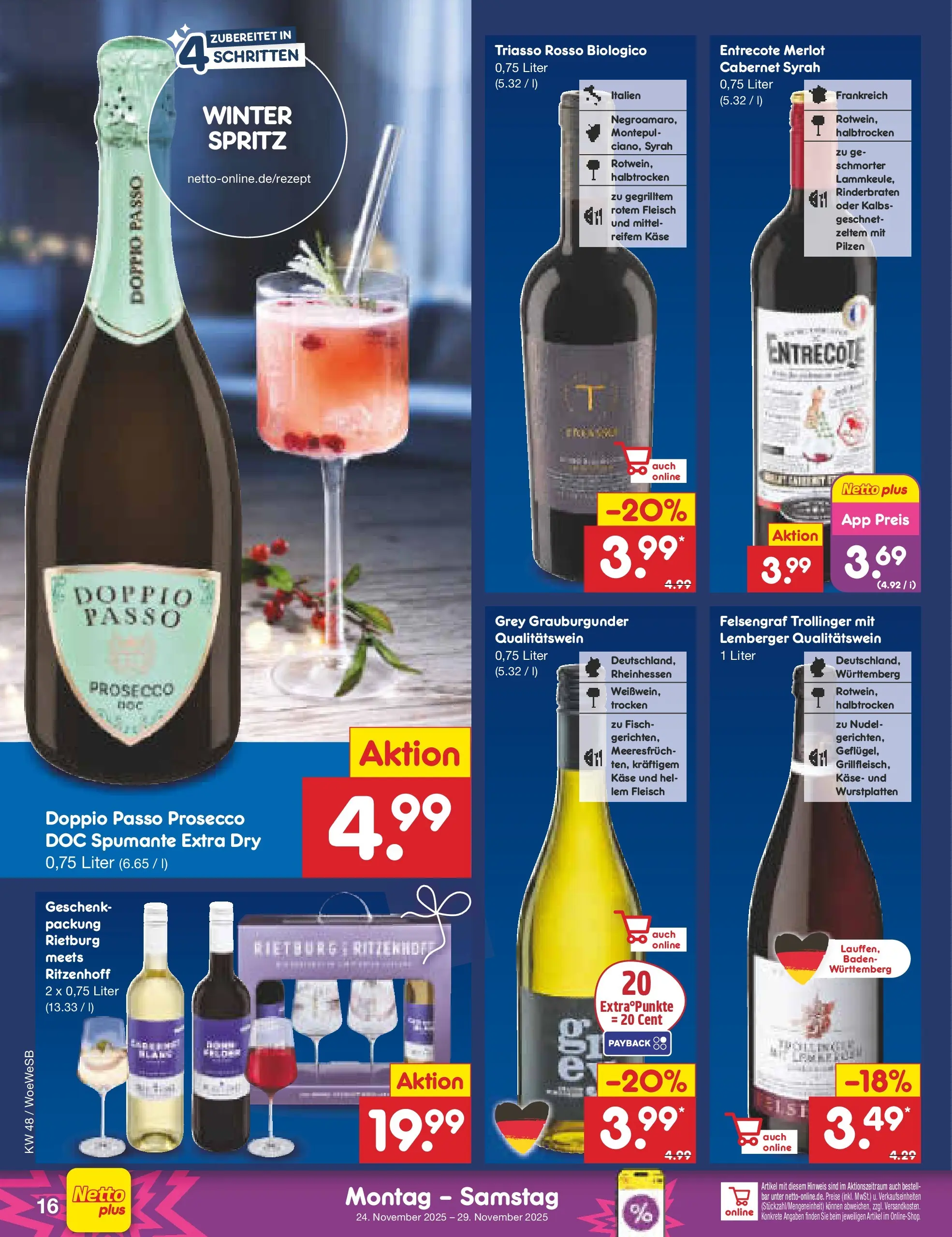 Netto Marken-Discount prospekt Katzweiler	 (ab 24.11.2025) » Angebote | Seite: 16 | Produkte: Rinderbraten, Merlot, Fisch, Prosecco