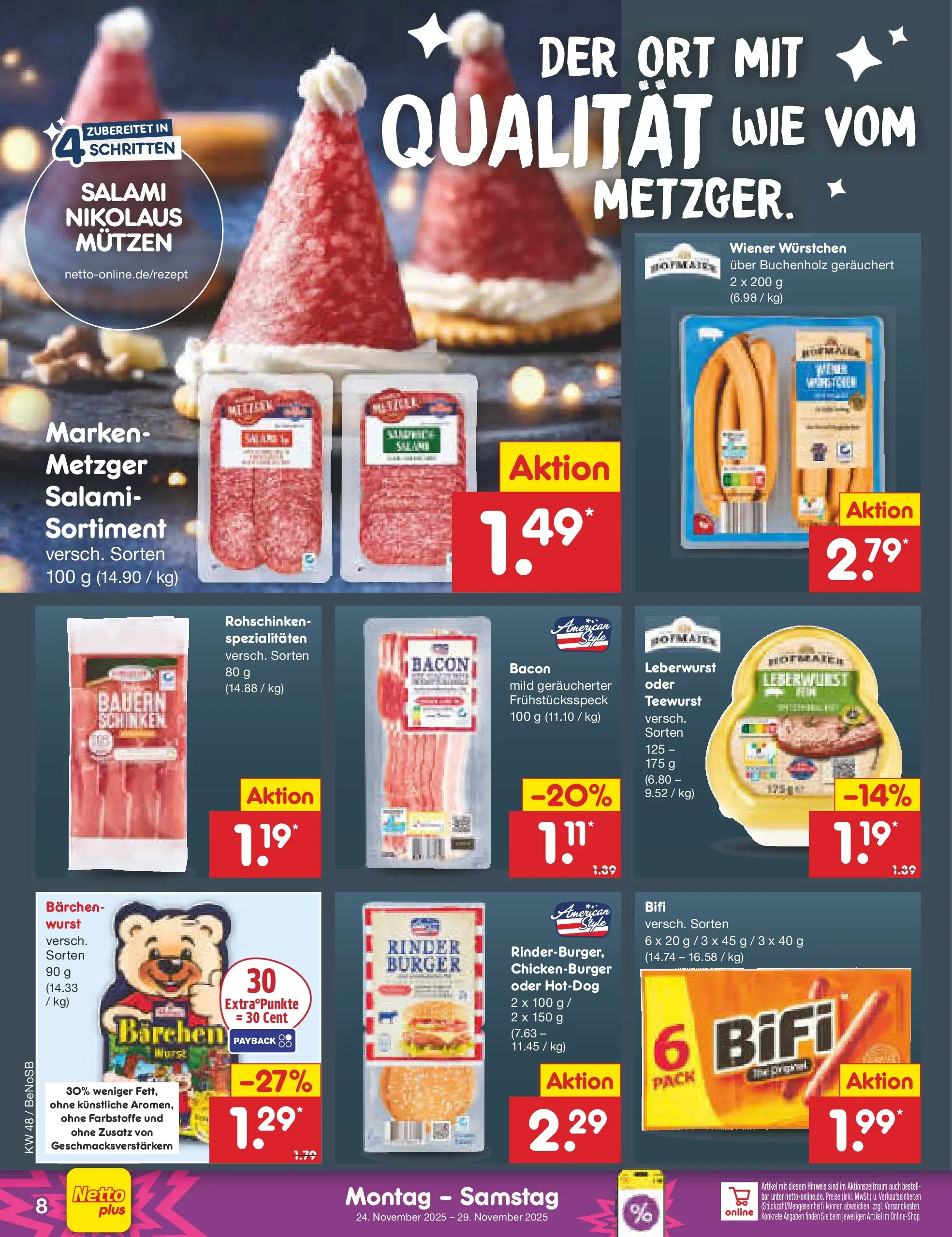 Netto Marken-Discount prospekt Bergen Auf Rügen	 (ab 24.11.2025) » Angebote | Seite: 8 | Produkte: Wiener wurstchen, Bifi, Wurst, Salami